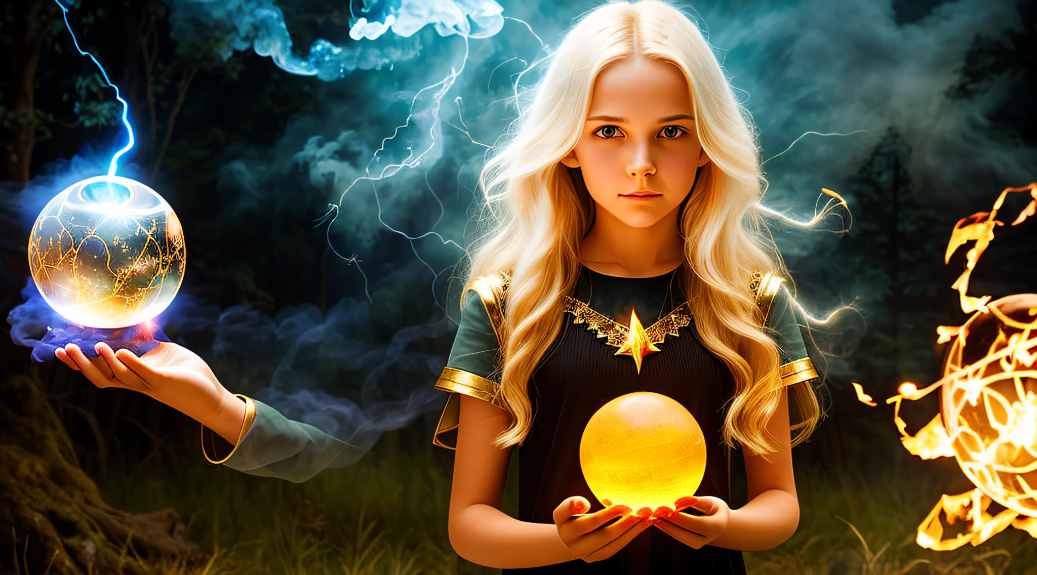 14 YEAR OLD CHILD GIRL WITH LONG BLONDE HAIR FIRE-COLORED BLOOD COLOR, holding a blue ball in her hands with smoke AND LIGHTNING coming out of it, crystal ball, holding a crystal ball, casting a protection spell, holding a glowing orb, spell-casting mage, spell-casting, the orb of truth, casting a powerful spell, holding a glowing orb of dice, a woman holding an orb, emitting psychic powers, hands holding large glowing orbs