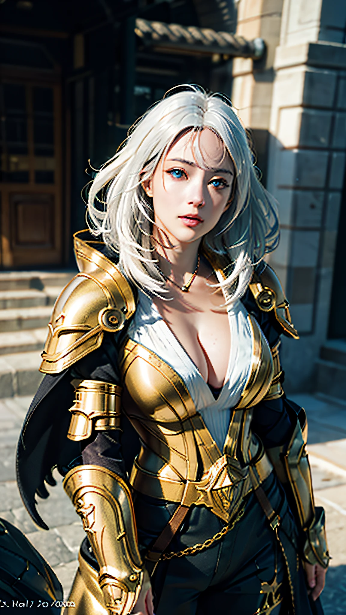 Official Art, Unity 8k wallpaper, ultra detail, masterpiece, best quality, one woman, (very detailed),(RAW photo, best quality),(realistic, photorealistic:1.3),highest quality,high definition,best quality,ultra-detailed complex 3D rendering of face,(big breasts: 8.8)(highly detailed skin: 1.2)(exposure: 1.1), Beautiful Caucasian woman with big ass full soft breasts and white skin, dynamic angle, mystical expression, fire glow effect, fantasy background, rim lighting, side light, cinematic light, ultra high definition, 8k uhd, film grain,best shadow, delicate, raw, light particles, detailed skin texture, detailed gem armor texture, detailed face, intricate detail, ultra detailed, bright, strong, Gold armor, cleavage, holding glowing weapons, holding shields, pole dron, ((white hair)), shining black eyes, long red cloak, fantasy, (realistic),