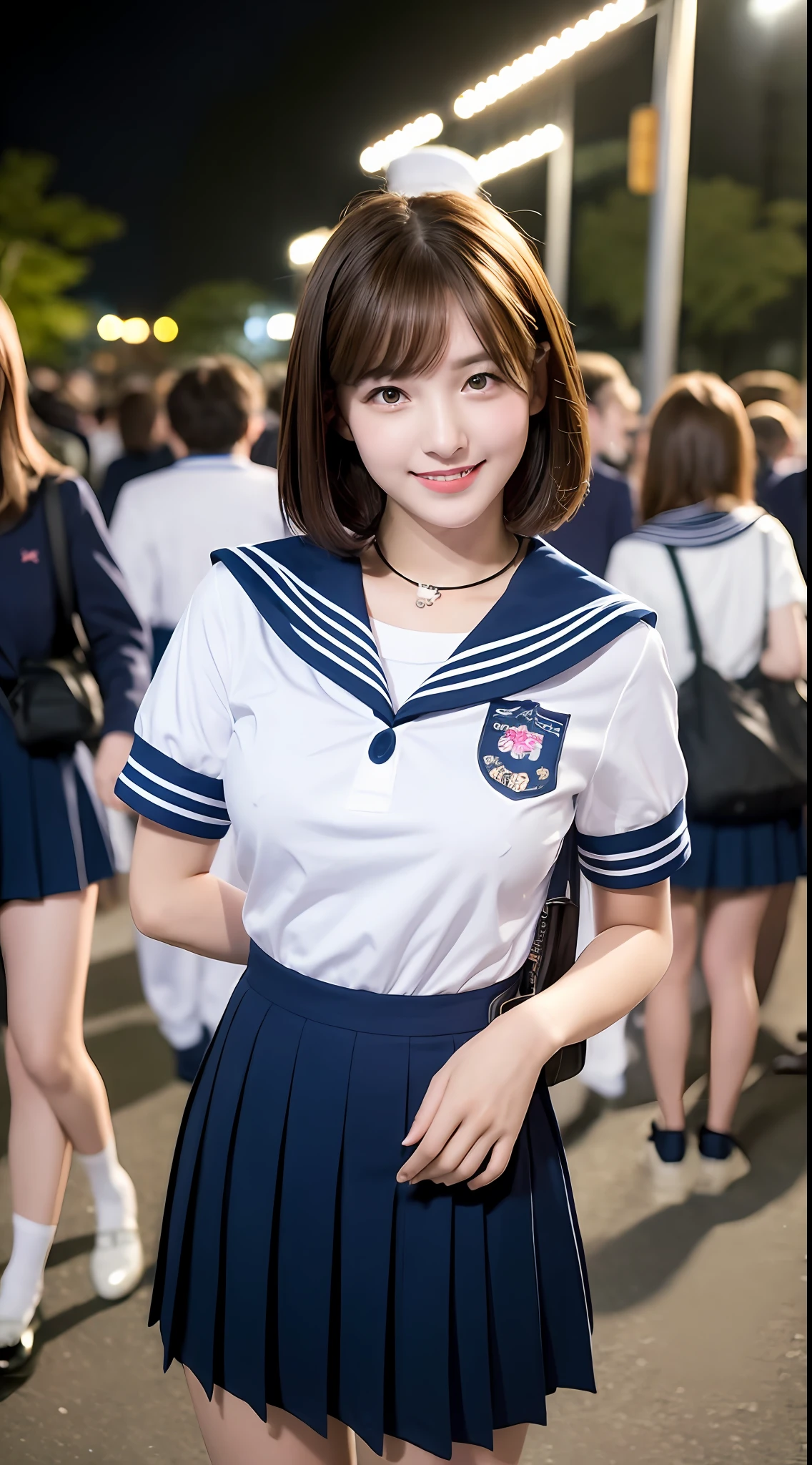 (Night Scene, Realistic Light, Top Quality, 8k, Masterpiece: 1.3)), 1 Girl, Slender Body Pretty Woman: 1.4, Brown Hair, Fluffy Short Hair, Big Breasts, Ultra Detailed Face, Detailed Eyes, Double Eyelids, Smiling, Navy Blue Pleated Skirt and White Short Sleeve Sailor Suit, Japan Girl Uniform, Japan Girl, Japan School Uniform, Collar Sailor Suit, Amazing School Uniform, ulzzang, Cute pretty girl in Japan school uniform, fashion model in Japan, standing in crowd in the city at night, holding school bag, blurred crowd in background, shoes are black loafers, cleavage can be seen from chest,
