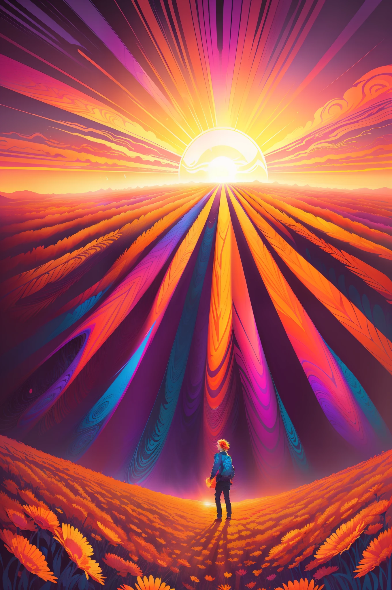 painting of a field of flowers with a sun setting in the background, floral sunset, dan mumford and alex grey style, sunset psychedelic, kilian eng vibrant colours, psychedelic landscape, kilian eng vibrant colors, dan mumford and albert bierstadt, official artwork, in the style dan mumford artwork, dan mumford paint, jen bartel, psychedelic art style, mythical floral hills