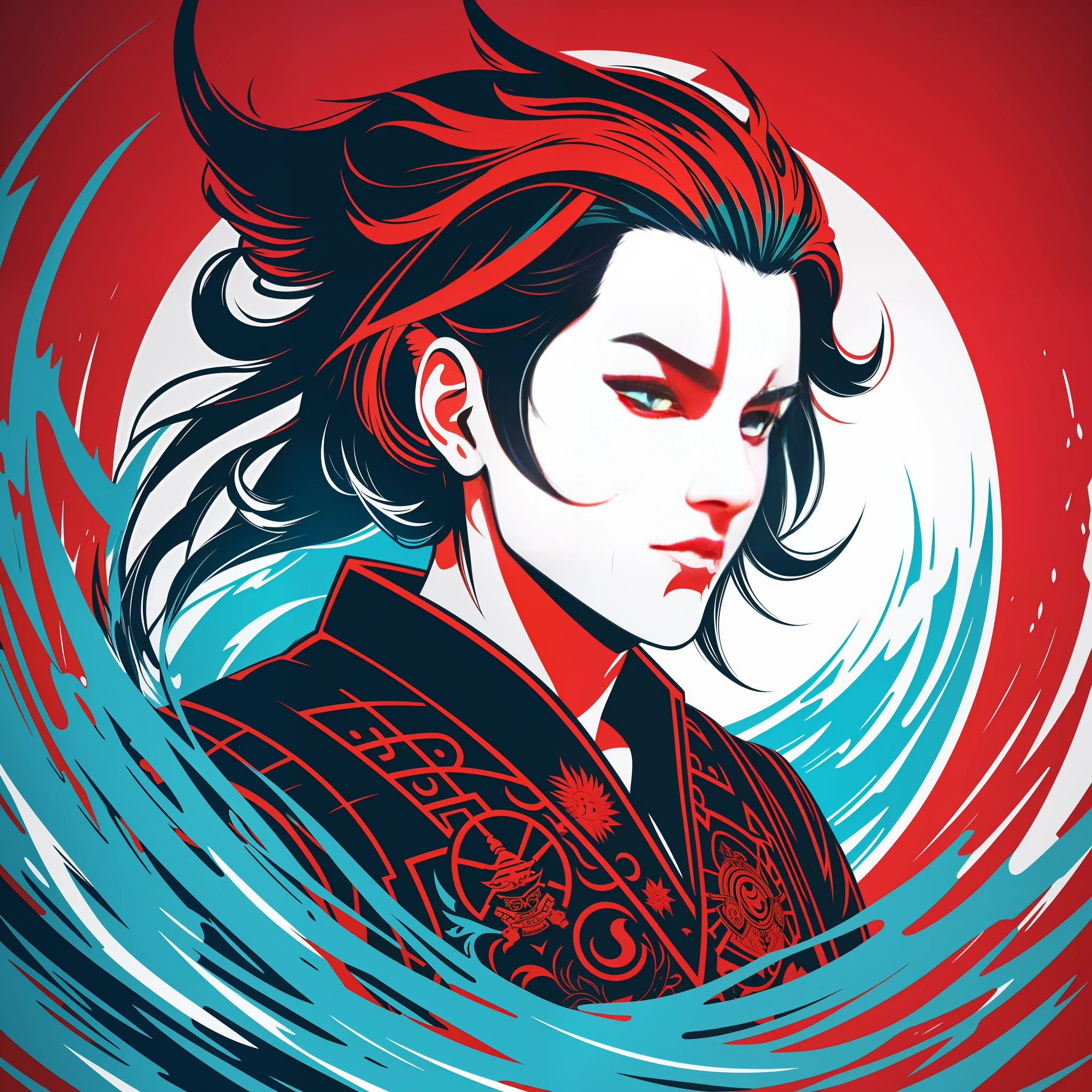 [samurai] circular heraldic silhouette, logo masking style illustration, Dan Mumford, Greg Lutkowski, James Jean, white background, fantasy art, mysterious, realistic, majestic, rich vivid colors, high contrast, seamless water brand, art station, deviant art, dribbling, red bubble, Tee public, sharp focus, simple, hyper detail, detailed drawing, vectorization, outline, isometric style, 8k.