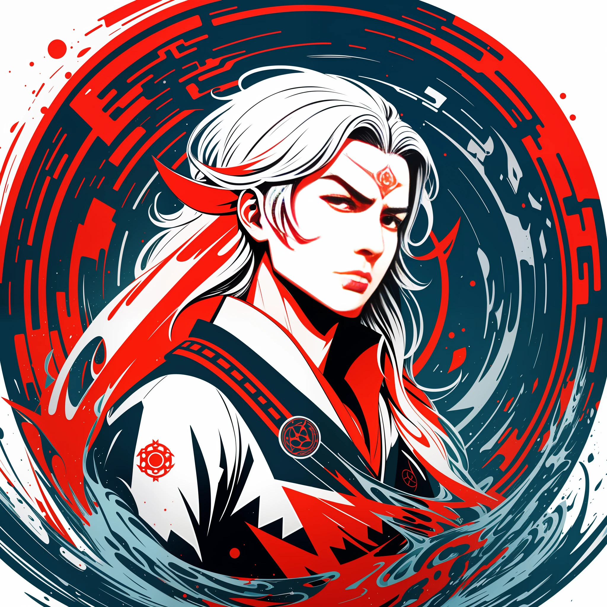[samurai] circular heraldic silhouette, logo masking style illustration, Dan Mumford, Greg Lutkowski, James Jean, white background, fantasy art, mysterious, realistic, majestic, rich vivid colors, high contrast, seamless water brand, art station, deviant art, dribbling, red bubble, Tee public, sharp focus, simple, hyper detail, detailed drawing, vectorization, outline, isometric style, 8k.