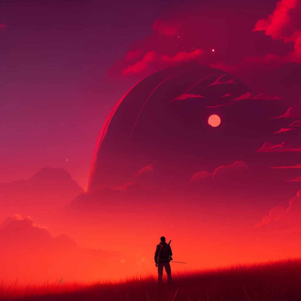 Guys, adventurer, looking at the horizon, giant monster on the horizon, scarlet red lighting --auto --s2