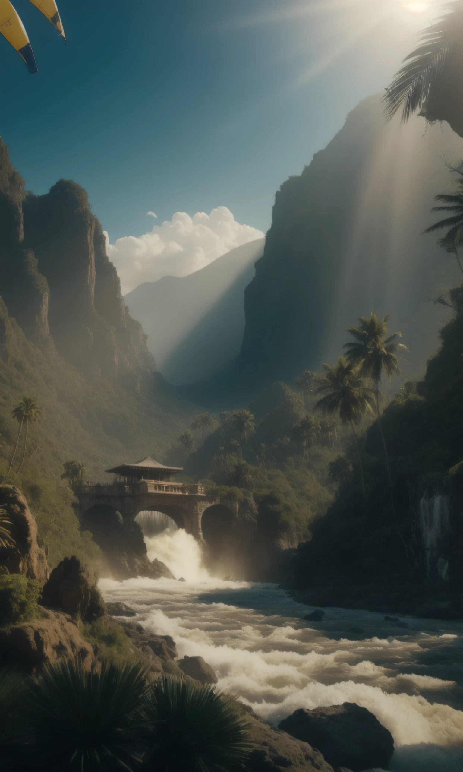 cinematic, epic, trending at artstation, masterpiece, (explosions), extreme action, extreme detailed, a hyper-realistic dark, atmospheric, epic (jungle|mountain|underground|desert|forest|beach) scene with a temple ruin and a waterfall and a (wild water river) in the background and (a inflatable boat) in the foreground, light rays, action scene, mysterious lights, sunset, photography, photoreal, 4k, Sony FX6, cinematic lighting,