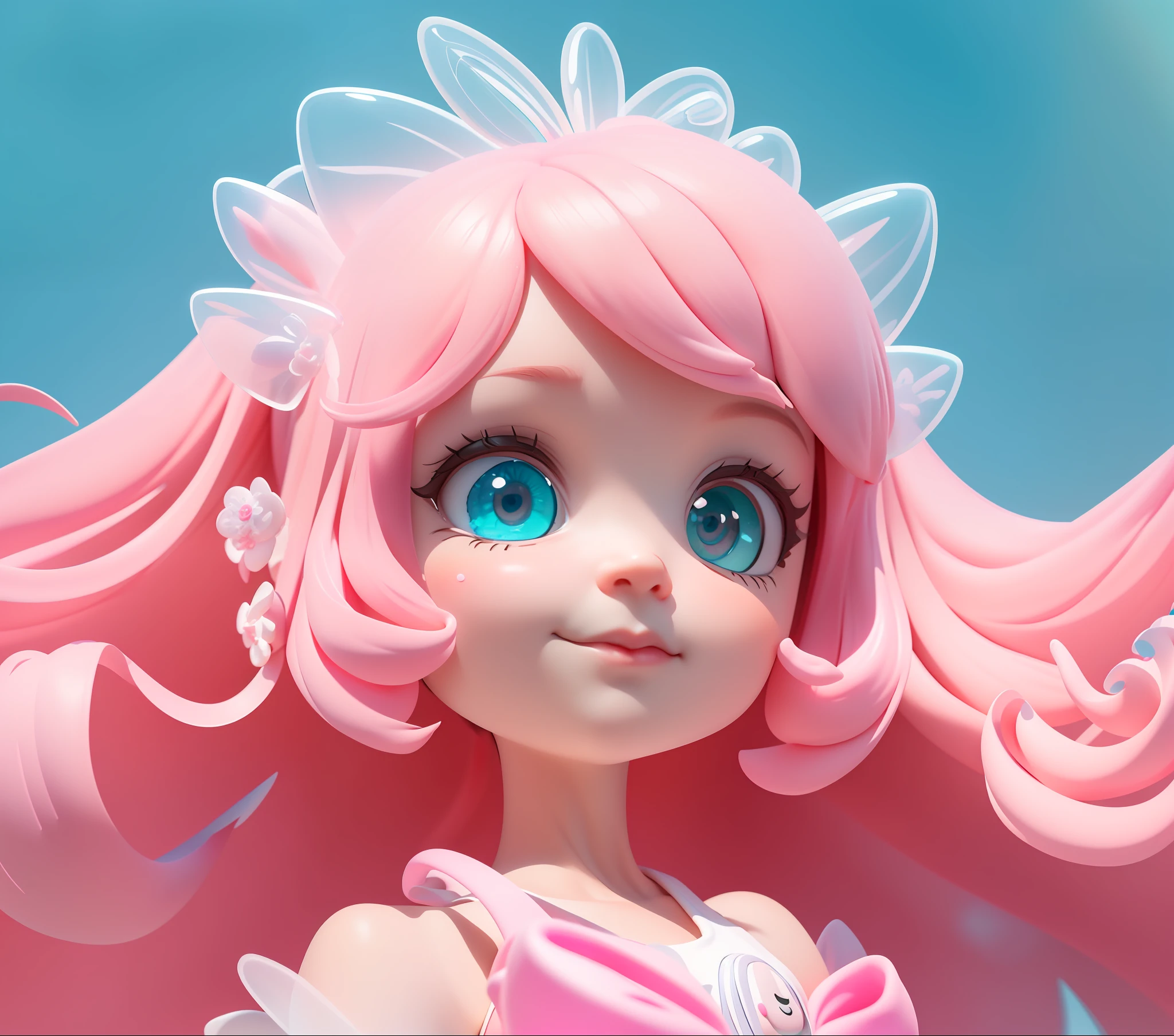 Detailed plastic materials, ((same character, front, side, back)) best quality, (very detailed model), (best quality), octane rendering, ray tracing, very detailed, 3D toys , exaggerated huge hair, little girl (full body) (3D hair, cute hair accessories, ((children)), beautiful eyes, cute big eyes, cute face, pink-green gradient, drum skirt, cute skirt, chib, fluorescent half Transparent, colorful, plastic, children, transparent, product design, luminous jelly, exquisite and cute plastic, beautiful light and shadow 3d, digital art, translucent plastic bubble gum, close-up, 3d, ultra-detailed, generate front view, side view, rear view three views , Borderless, c4d, Octane rendering, Blender, HD, full body, simple background!
