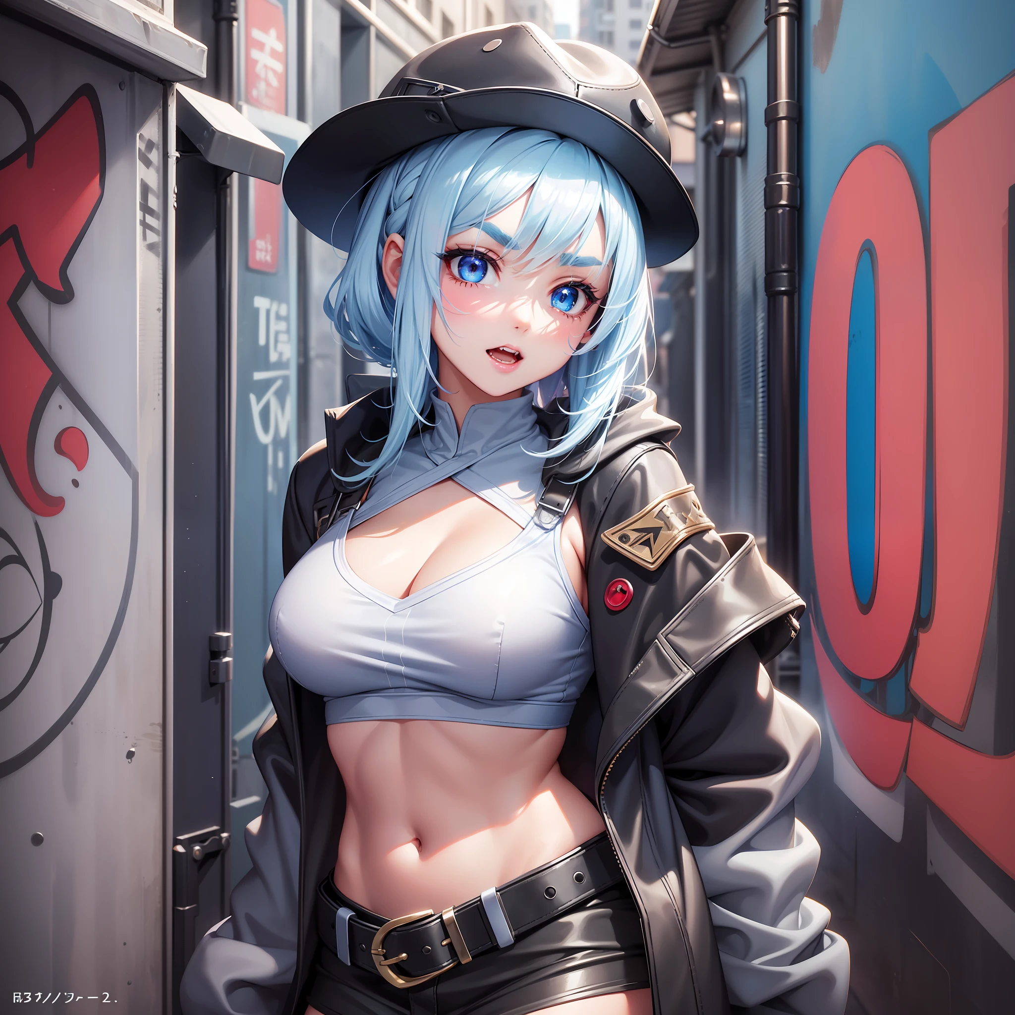 Original Character, Volumetric Lighting, Best Shadow, Shallow Depth of Field, Portrait of a Stunning Girl, Petite, Delicately Beautiful Charming Face, Charming Blue Eyes, Messy Painted Face, Sharp Eyebrows, Bright Smile, Open Mouth, Fangs Exposed, Cute Medium Tits, Layered Long Ponytail Blonde, Blushing Eye Shadow, Thick Eyelashes, Applejack Hat, Oversized Pop Jacket, Mini Underboob Tee, Crop Button, Slim Waist, White Dress, Short Silk Skirt With buckled belt, In The Graffiti Alley, trash can, outside the stairs, outdoor unit, holding spray paint can, standing, (highest quality, amazing detail: 1.25), (solo: 1.3), brilliant and colorful painting