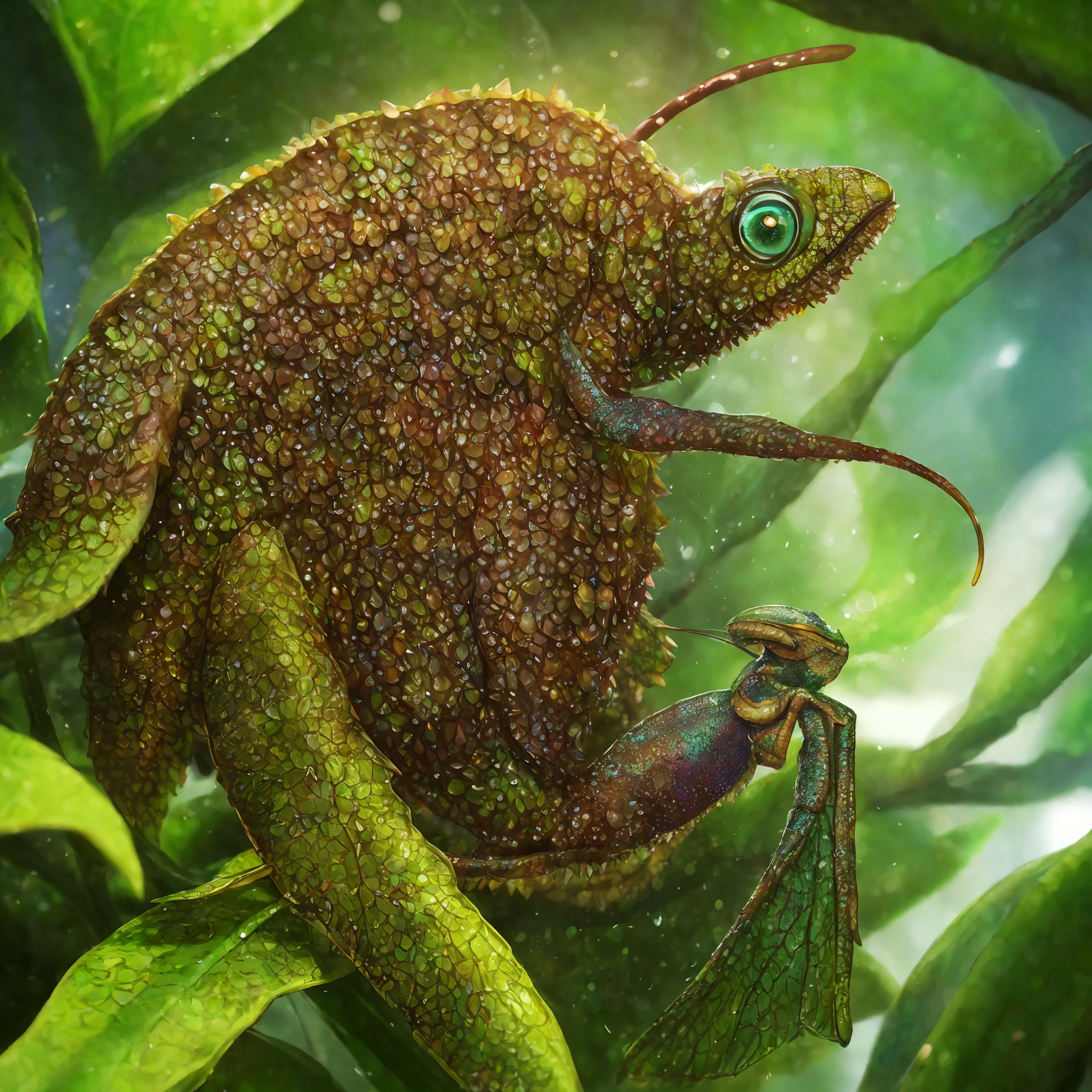 a large creature with transparent antens. Narrow snout for drinking nectar from flowers, curled prehensile tail like a chameleon, leaves and shields on the sides, hiding in the leaves in a lush forest,(highly detailed:1.2),(best quality:1.2),8k,sharp focus,(subsurface scattering:1.1),(award-winning macro photography:1.1) (cute:1.2),Leathery slippery creature with four wings. (very detailed clothes:1.2), (highly detailed background:1.3), chibi, (hyperrealistic:1.2), cinematic lighting, highly detailed,smooth, sharp focus,[(emb-rrf2:1.0):.15]