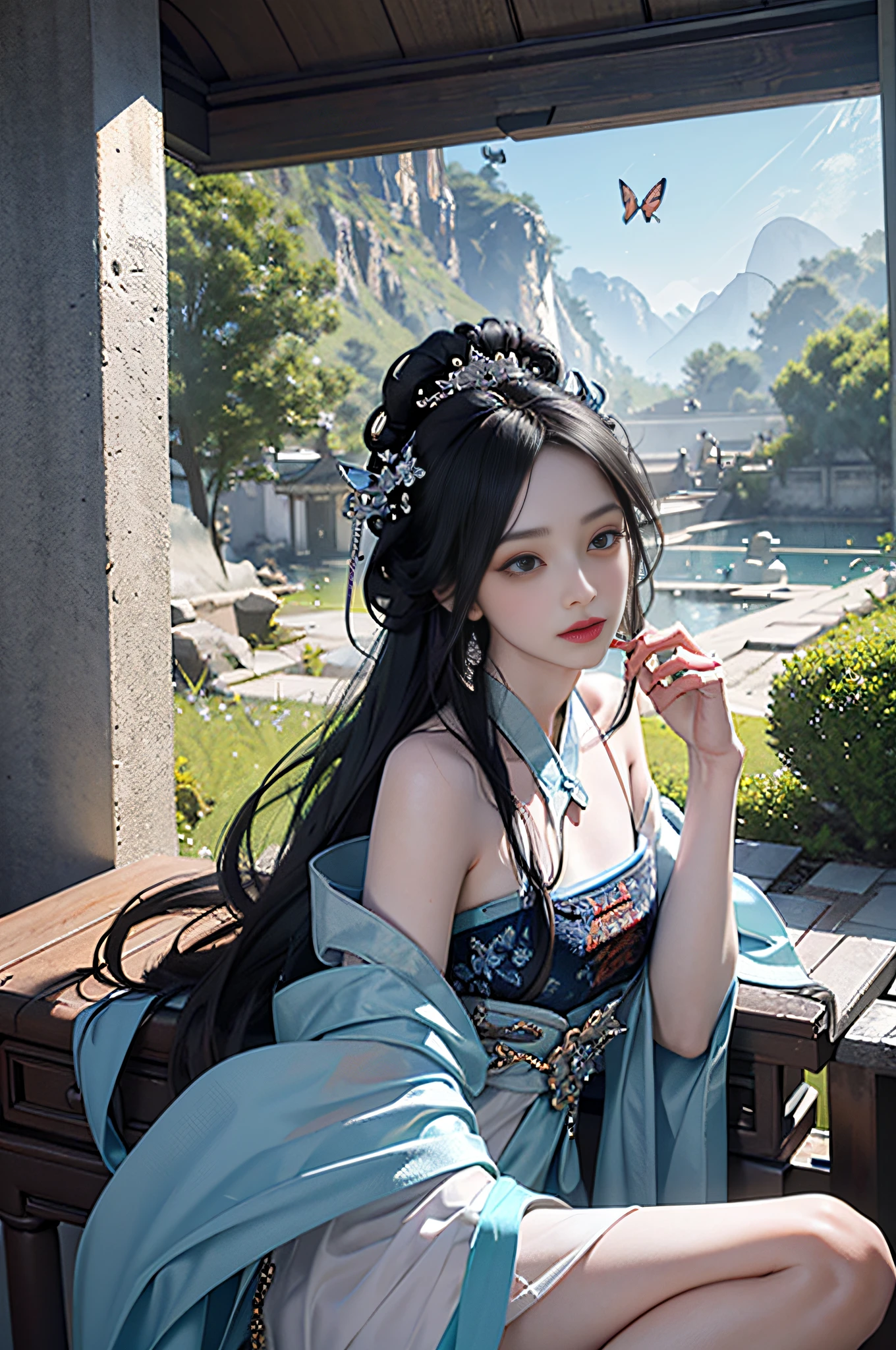 official art, Unity 8k wallpaper, super detailed, beautiful, beautiful, masterpiece, best quality, mystery, romanticism, horror, literature, art, fashion, tang dynasty era, decoration, intricate, embroidery, blue hanfu, white tulle coat, 1 girl, black hair, peony hairpin, sad, fatalistic, bust composition, dramatic composition, movie lighting, dynamic perspective, sexy, bare shoulders, bare legs, full of temptation, white flower bushes, blue florets, red florets, butterflies flying, Chinese dynasty courtyard background, hazy, hazy, dramatic composition,