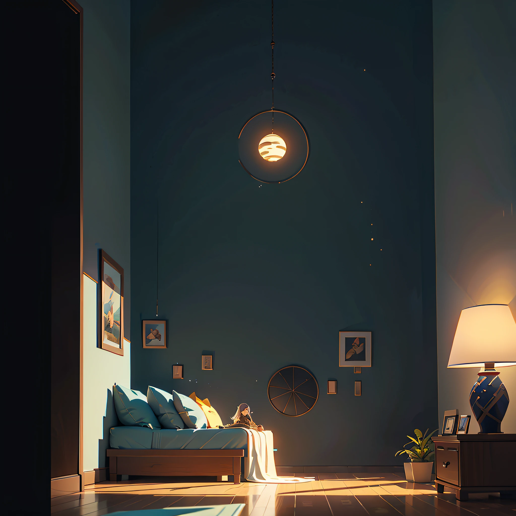 game engine rendering, c4D, perspective, high resolution, masterpiece, super high quality rendering, clear lines, geometry, masterpiece, best quality, official art, extremely detailed CGunity 8K wallpaper, rawe very detailed, illustration, unreal engine, art station, unreal 5, daz, surrealism, octane rendering, high quality shadows, games, (game concept art design: 1.1), night, moonlight, platform, (night: 1.3), (interior: 1.3), apartment bedroom, sofa, (large window), night view outside the window, (girl lying in bed), table, doll, isometric view