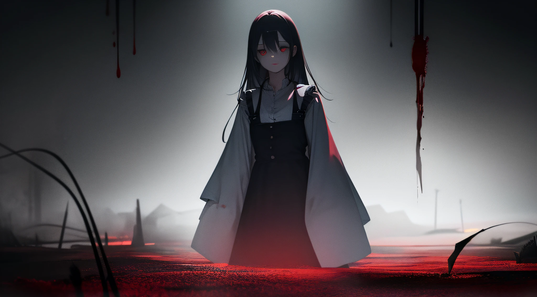 1girl, eerie, horror, thriller, curiosity, blood, darkness, panorama, despair, ghost, ghost, death