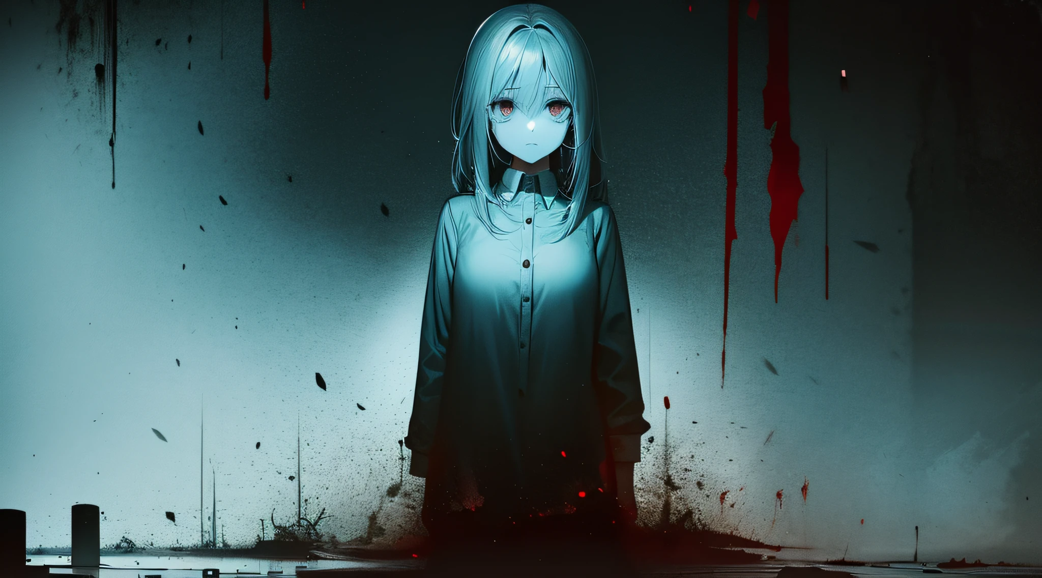 1girl, eerie, horror, thriller, curiosity, blood, darkness, panorama, despair, ghost