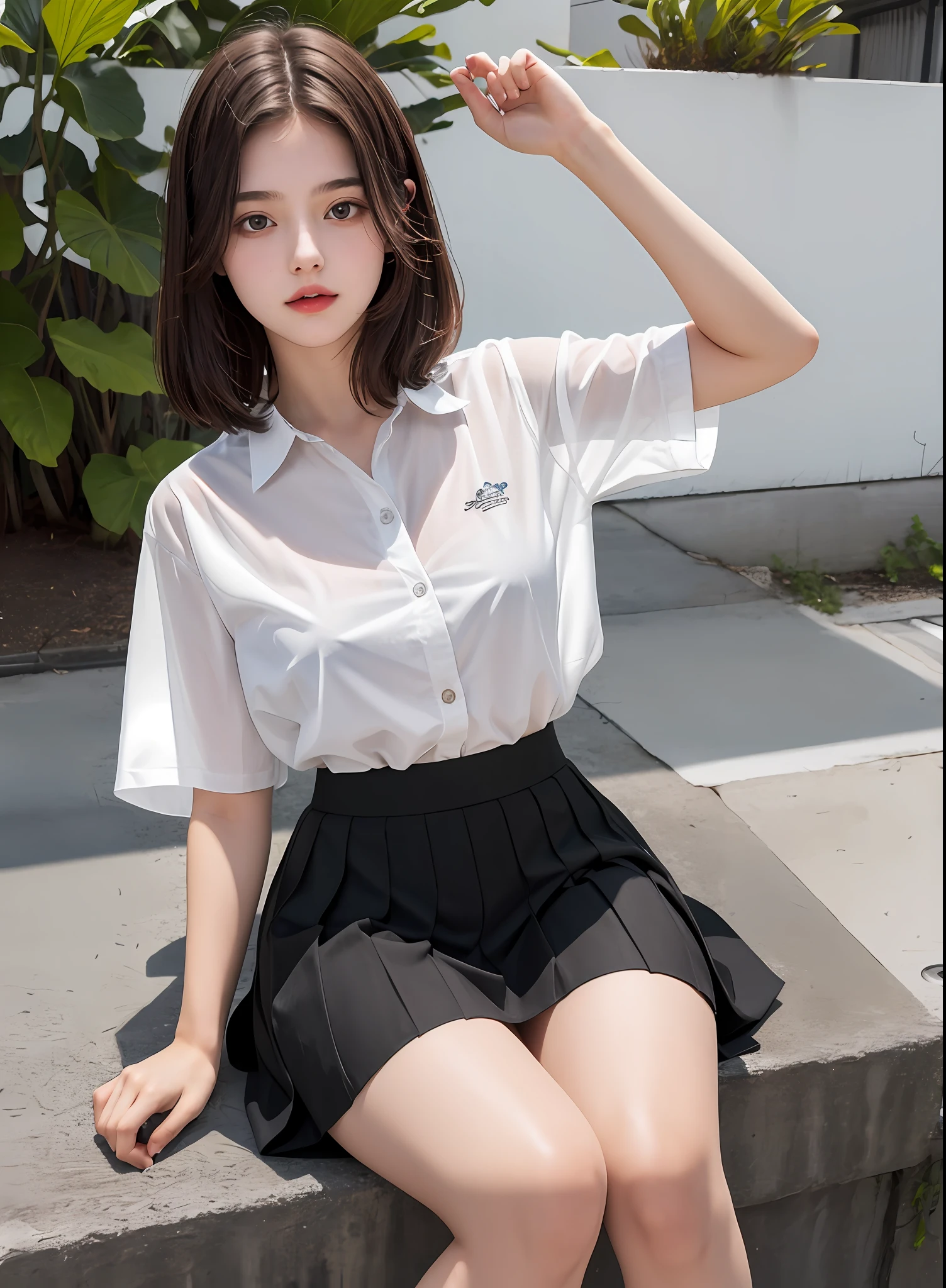 Schoolgirl, 19 years old, realistic, she wears a white transparent shirt above, a short black skirt underneath, [nfsw,], brown hair.