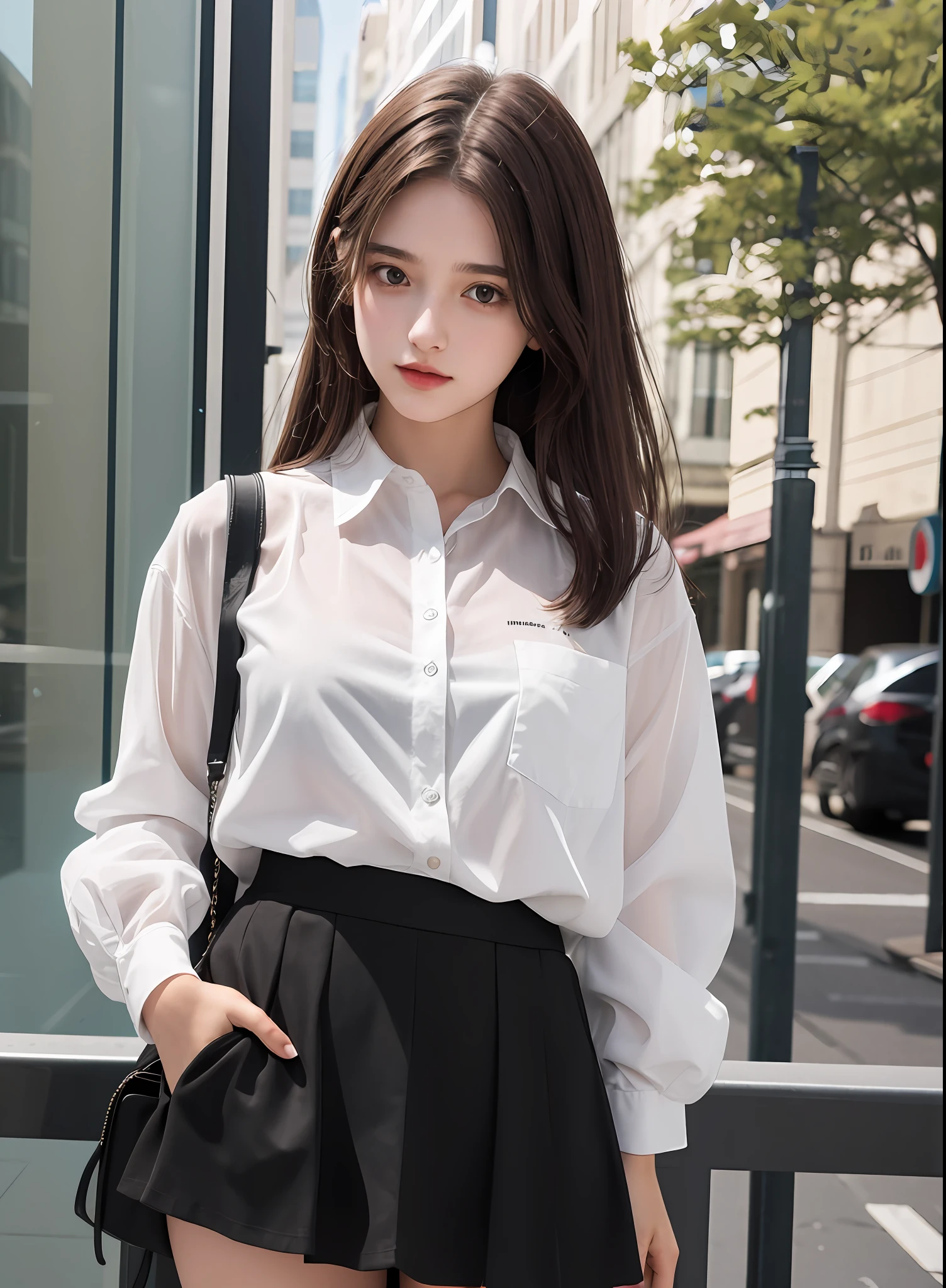 Schoolgirl, 19 years old, realistic, she wears a white transparent shirt above, a short black skirt underneath, [nfsw,], brown hair.