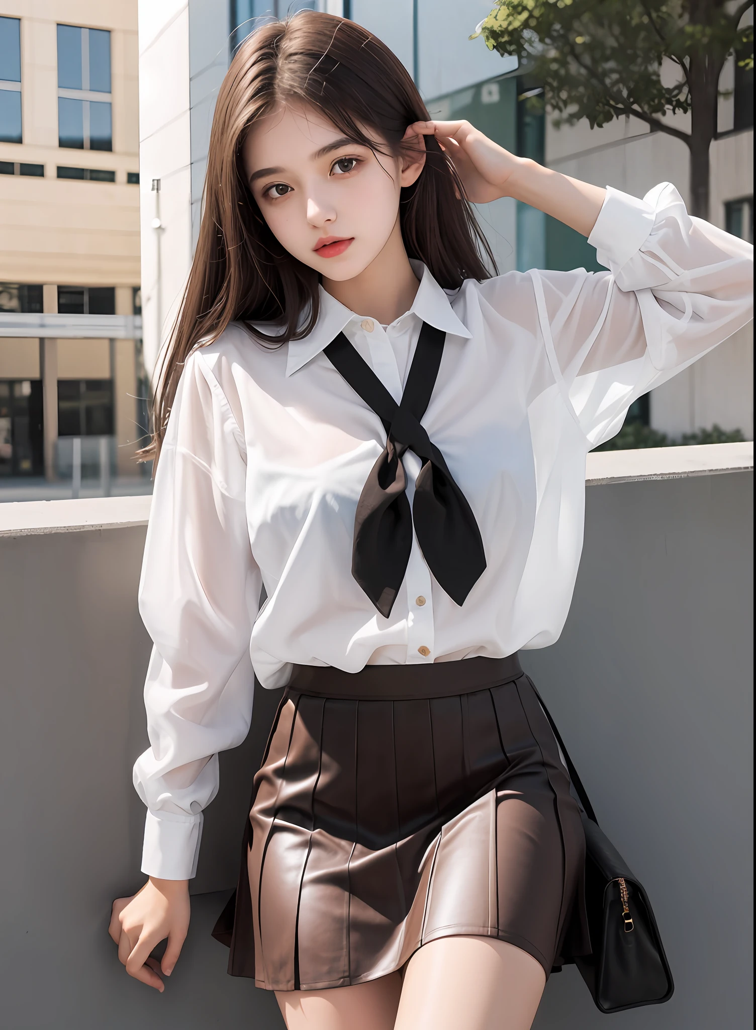 Schoolgirl, 19 years old, realistic, she wears a white transparent shirt above, a short black skirt underneath, [nfsw,], brown hair.