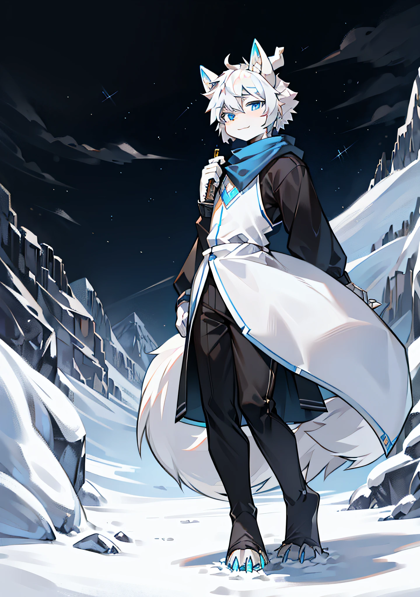 Wolf ears, wolf tail, fluffy, furry male, black long knife, sky, sun, sky blue eyes and light blue eyes, different pupils, star-shaped pupils, white hair, light gray hair tips, posing, dark gray sweatshirt, big fluffy tail, wind, humanity, wolf type, blue scarf, short hair, lower body, white fur everywhere, male youth, horns, long horns on the forehead, a tail, holding a long knife, snow mountains, meat claws, meat pads,