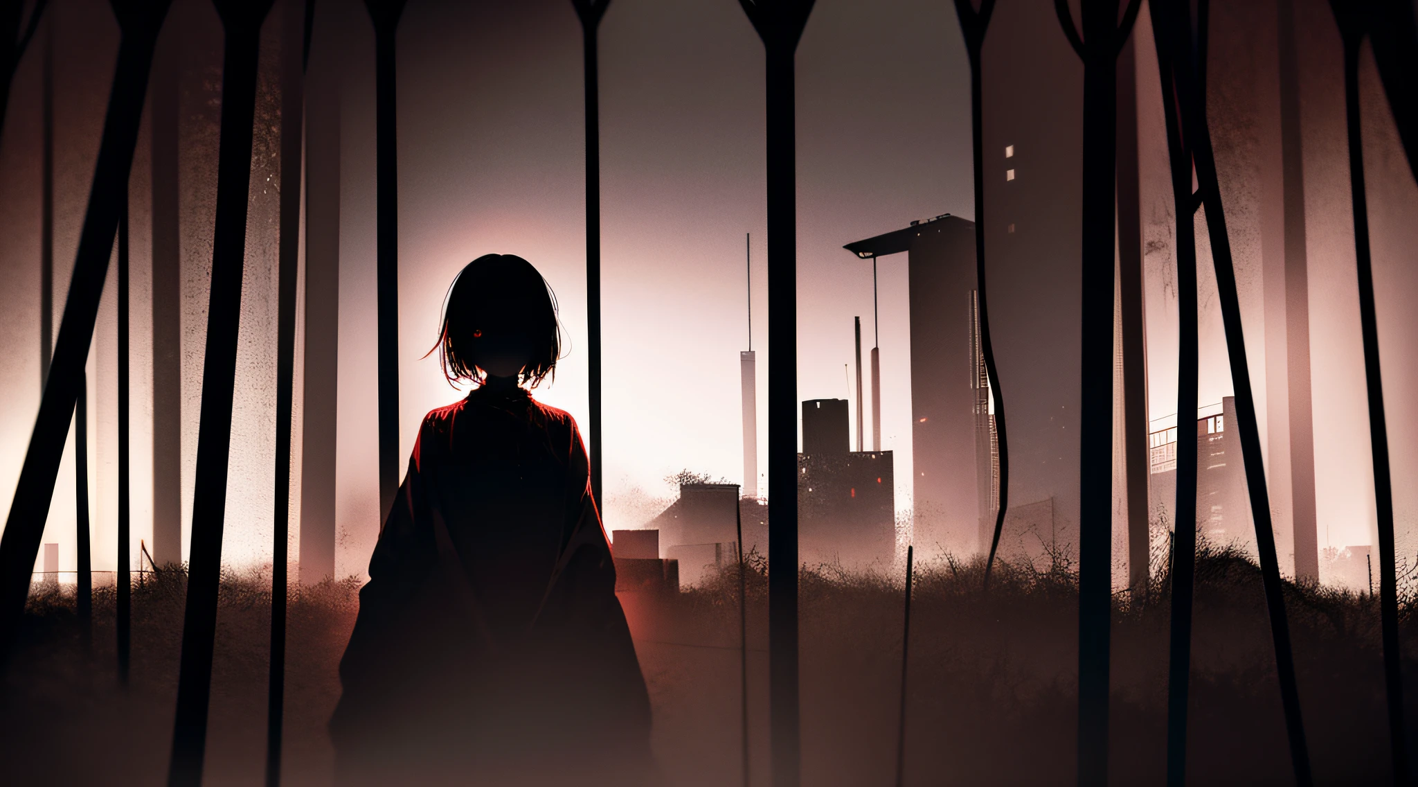 1girl, eerie, horror, thriller, curiosity, blood, darkness, panorama, despair, ghost
