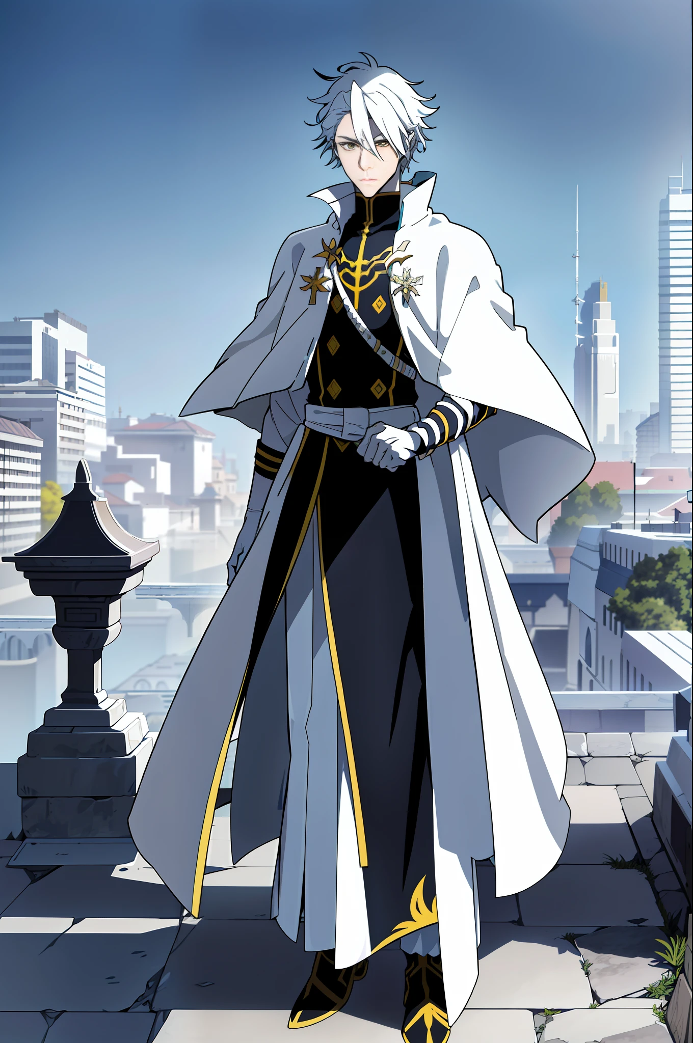 Anime character with white hair and yellow eyes standing in front of a city, XQC, Portrait of Fin Wildcloak, Handsome Drow, Official Art, Has dark gray hairs, Official character art, Handsome boy in demon slaying art, Tall anime boy with yellow eyes, Handsome anime, Male anime character, White Fox anime,  Beautiful male drow, White hair