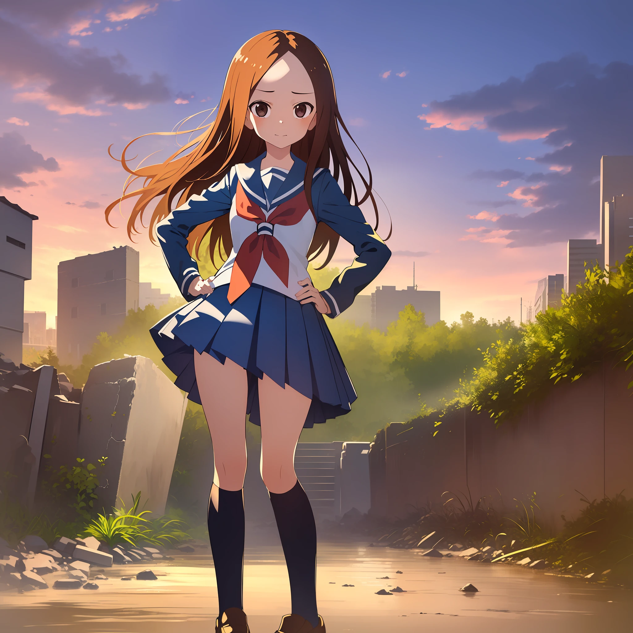 (Masterpiece, Superb Quality, Super Delicate, High Resolution), Female Focus, Elementary School Student, Happy Expression, (Beautiful Girl Costume), Angry Expression, (Hands on Hips), ((((Solo))), City Ruins, Background Details, Full Body