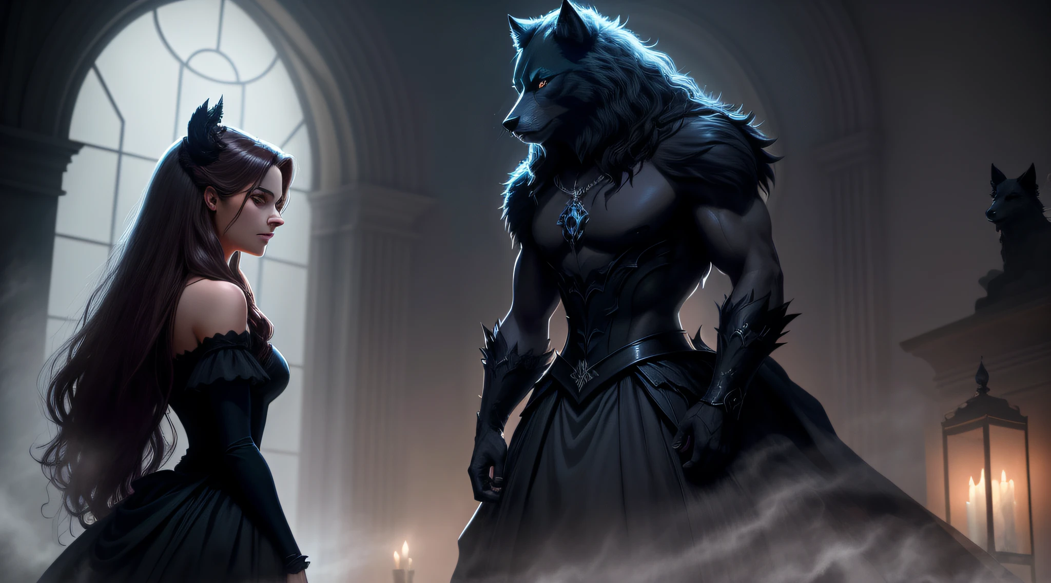 A dark beast like the one in beauty and he beast with wolf likeness but with pain in eyes in the background of a girl who has a misty appearance but proper silhouette and the girl is wearing a classy gown in the style of a jarek kubiki