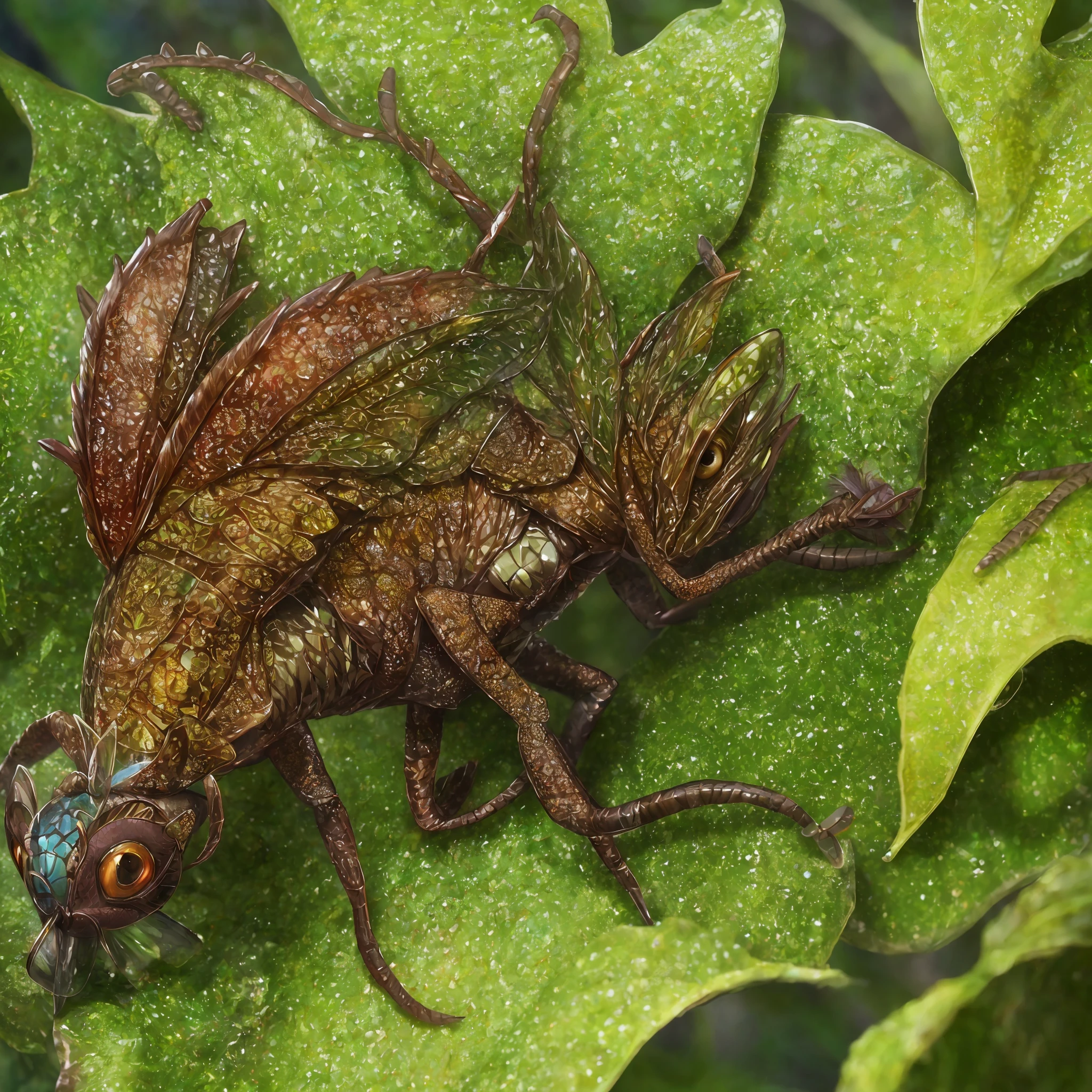 a large creature with transparent antens. Narrow snout for drinking nectar from flowers, curled prehensile tail like a chameleon, leaves and shields on the sides, hiding in the leaves in a lush forest,(highly detailed:1.2),(best quality:1.2),8k,sharp focus,(subsurface scattering:1.1),(award-winning macro photography:1.1) (cute:1.2),Leathery slippery creature with four wings. (very detailed clothes:1.2), (highly detailed background:1.3), chibi, (hyperrealistic:1.2), cinematic lighting, highly detailed,smooth, sharp focus,[(emb-rrf2:1.0):.15]
