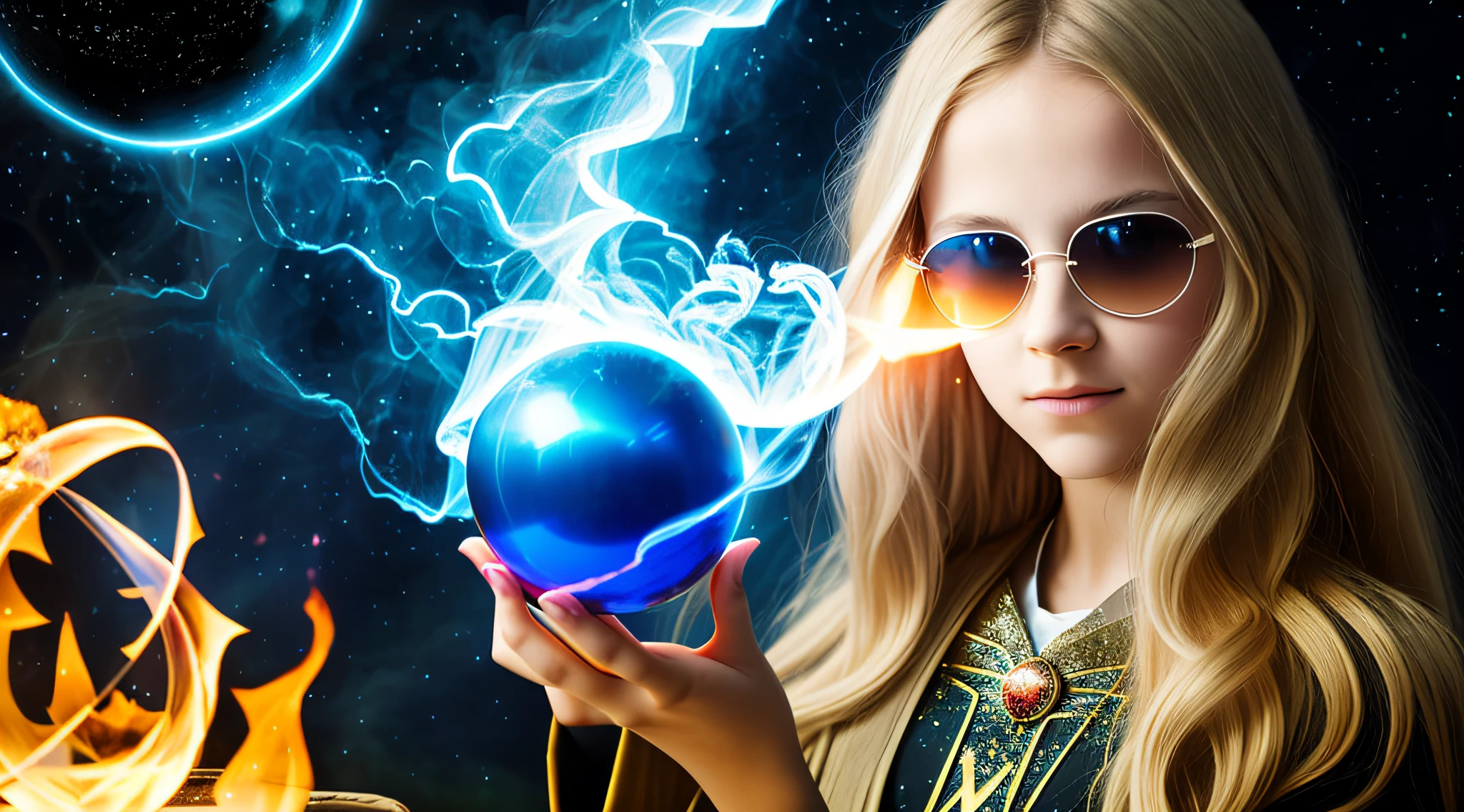 CHILD GIRL WITH SUNGLASSES, WITH LONG BLONDE HAIR FIRE-COLORED BLOOD COLOR, holding a blue ball in her hands with smoke AND LIGHTNING coming out of it, crystal ball, holding a crystal ball, casting a protection spell, holding a glowing orb, spell-casting mage, casting spells, The Orb of Truth, casting a powerful spell, holding a glowing orb of dice, a woman holding an orb, emitting psychic powers, hands holding large glowing orbs