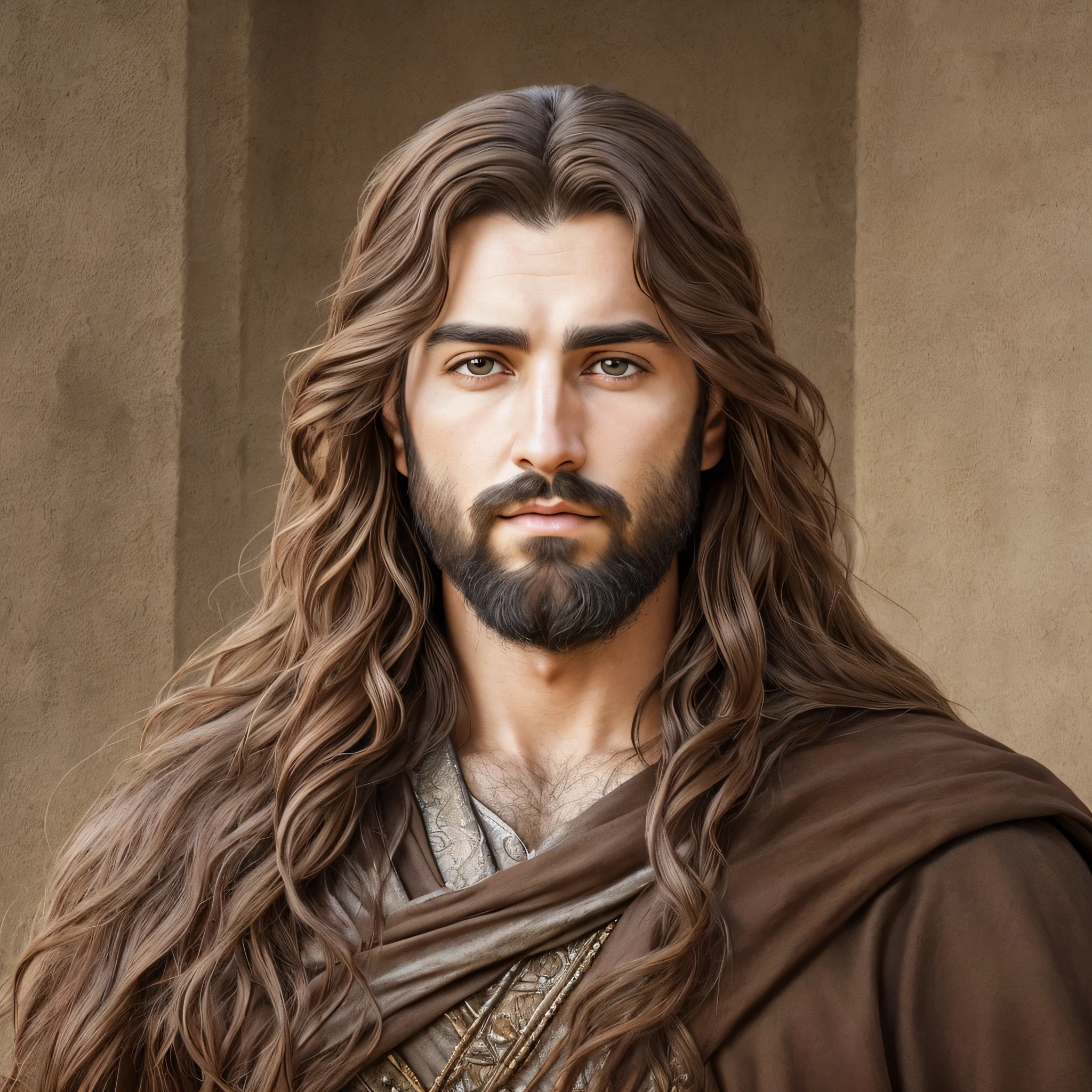 Masterpiece of a very high quality photo of King yeshua a very handsome man, ((asymmetrical face and expression that conveys peace)), (with brown hair, shimmering brown eyes and asymmetrical), (rich in detail), (Hyper-realistic), very detailed cinematic image --auto --s2