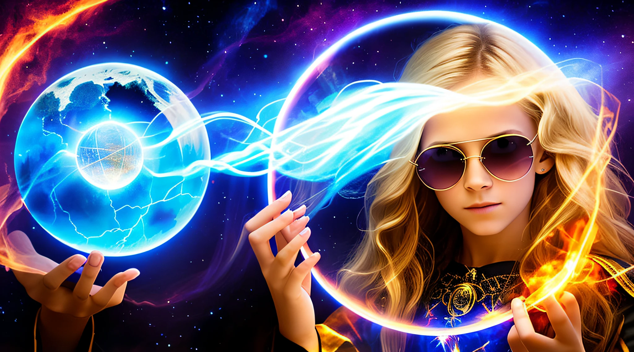 14-YEAR-OLD CHILD GIRL WITH SUNGLASSES, WITH LONG BLONDE HAIR FIRE-COLORED BLOOD COLOR, holding a blue ball in her hands with smoke AND LIGHTNING coming out of it, crystal ball, holding a crystal ball, casting a protection spell, holding a glowing orb, spell-casting mage, casting spells, The Orb of Truth, casting a powerful spell, holding a glowing orb of dice, a woman holding an orb, emitting psychic powers, hands holding large glowing orbs