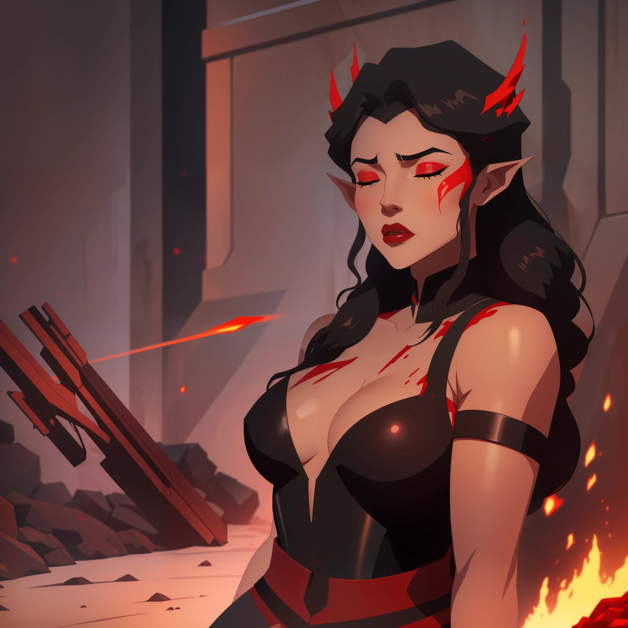 (masterpiece) (4k) (1 female)solo elf, black skin, red makeup on face, hair like magma, pants, lardo hip, full dress, large breasts, bright red eyes, medieval clothing, sfw, fainted, wounded, blood,sleeping, closed eyes