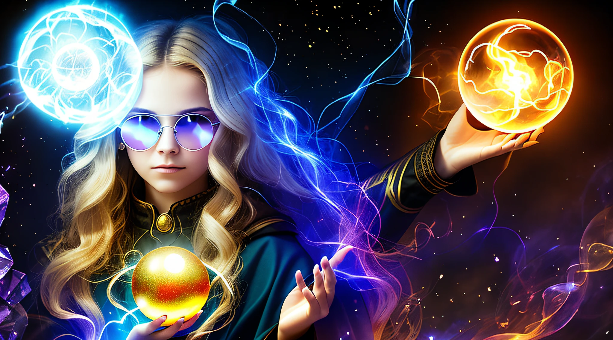 14-YEAR-OLD CHILD GIRL WITH SUNGLASSES, WITH LONG BLONDE HAIR FIRE-COLORED BLOOD COLOR, holding a blue ball in her hands with smoke AND LIGHTNING coming out of it, crystal ball, holding a crystal ball, casting a protection spell, holding a glowing orb, spell-casting mage, casting spells, The Orb of Truth, casting a powerful spell, holding a glowing orb of dice, a woman holding an orb, emitting psychic powers, hands holding large glowing orbs