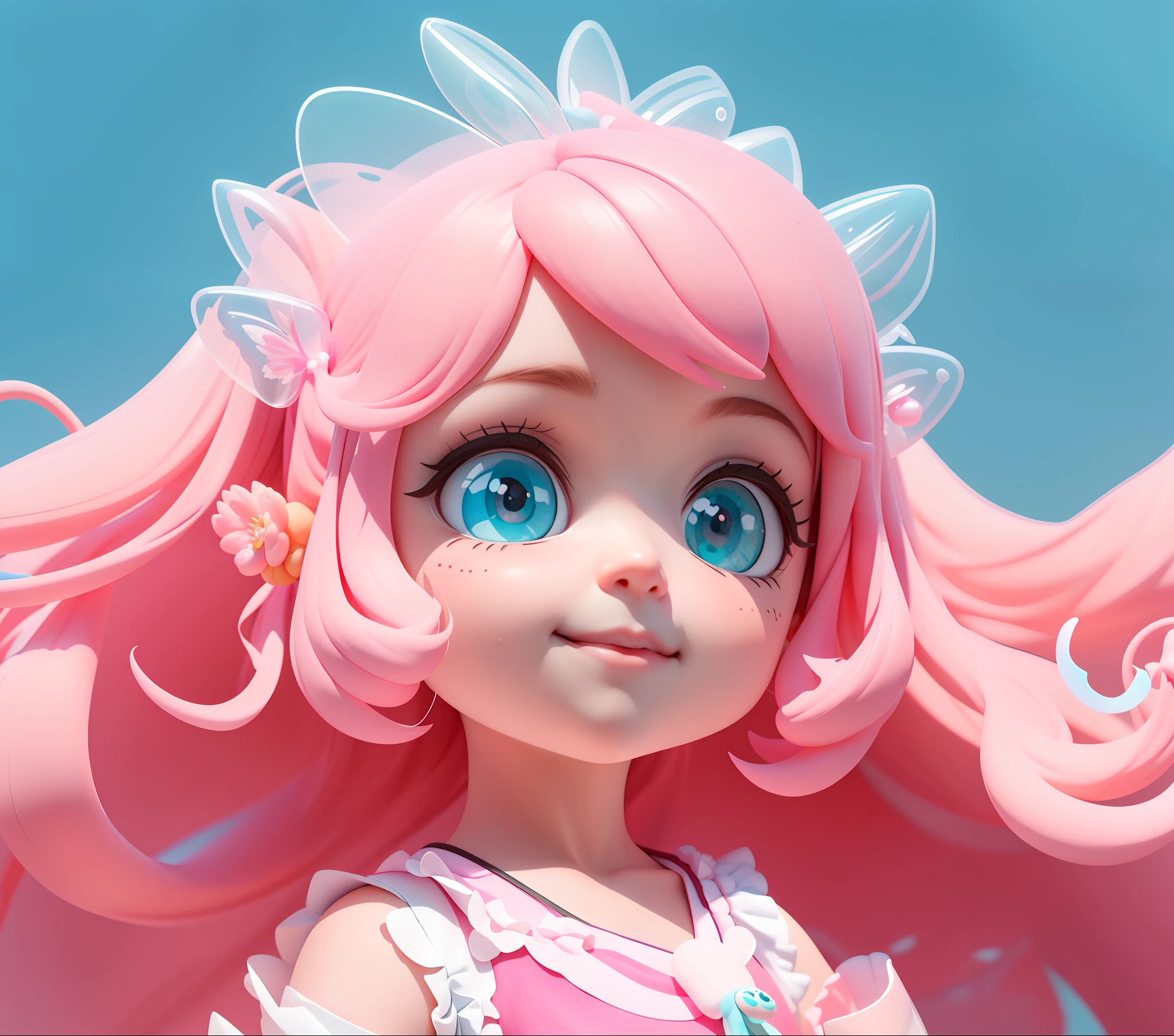 Detailed plastic material, (same character, front, side, back)) best quality, (very detailed model), (best quality), octane rendering, ray tracing, very detailed, 3D toy, exaggerated giant hair, *********** (full body) (3D hair, cute hair accessories, ((kids)), beautiful eyes, cute big eyes, cute face, pink green gradient, drum skirt, cute skirt, chib, fluorescent translucent, colorful, plastic, children, transparent, product design, glowing jelly, delicate cute plastic, aesthetic light and shadow 3d, digital art, translucent plastic bubblegum, close-up, 3d, super detailed, generate front view, side view, rear view triple view, borderless, c4d, Octane rendering, Blender, HD, full body, smile