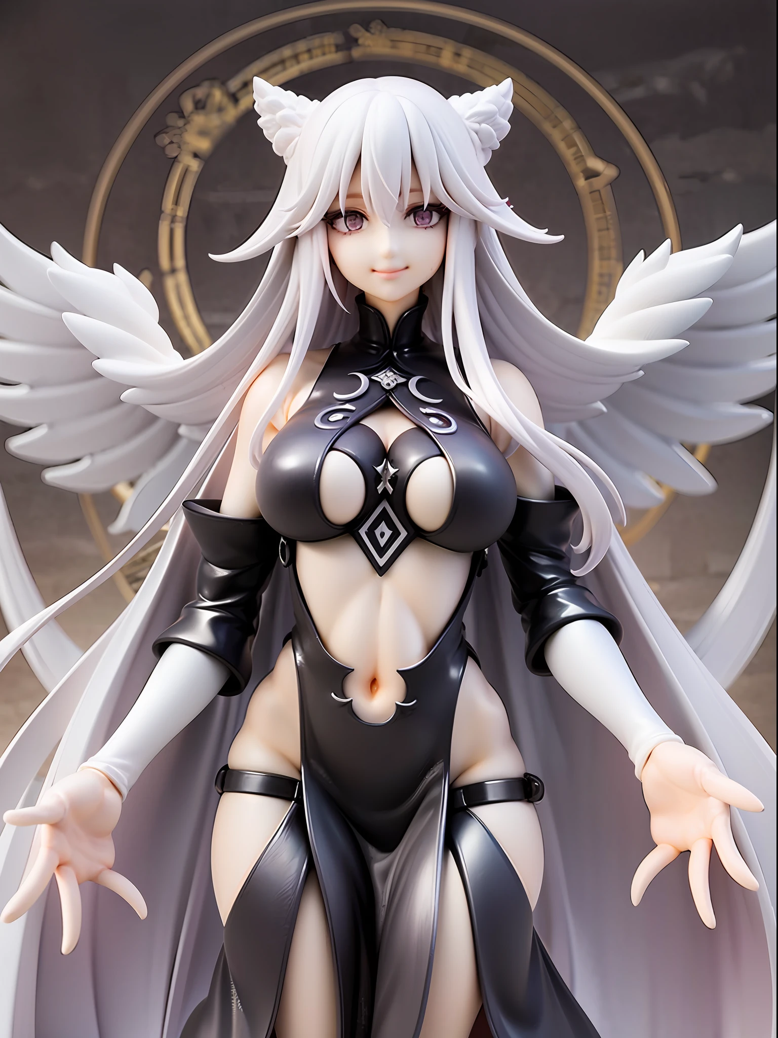 Lovecraftian goddess, white medium hair, beautiful white eyes, mysterious smile, ancient pure white and white robe, arms wide open drawing ancient symbols, from back, looking afar, white wings, average chest size, upper body, pure white background,