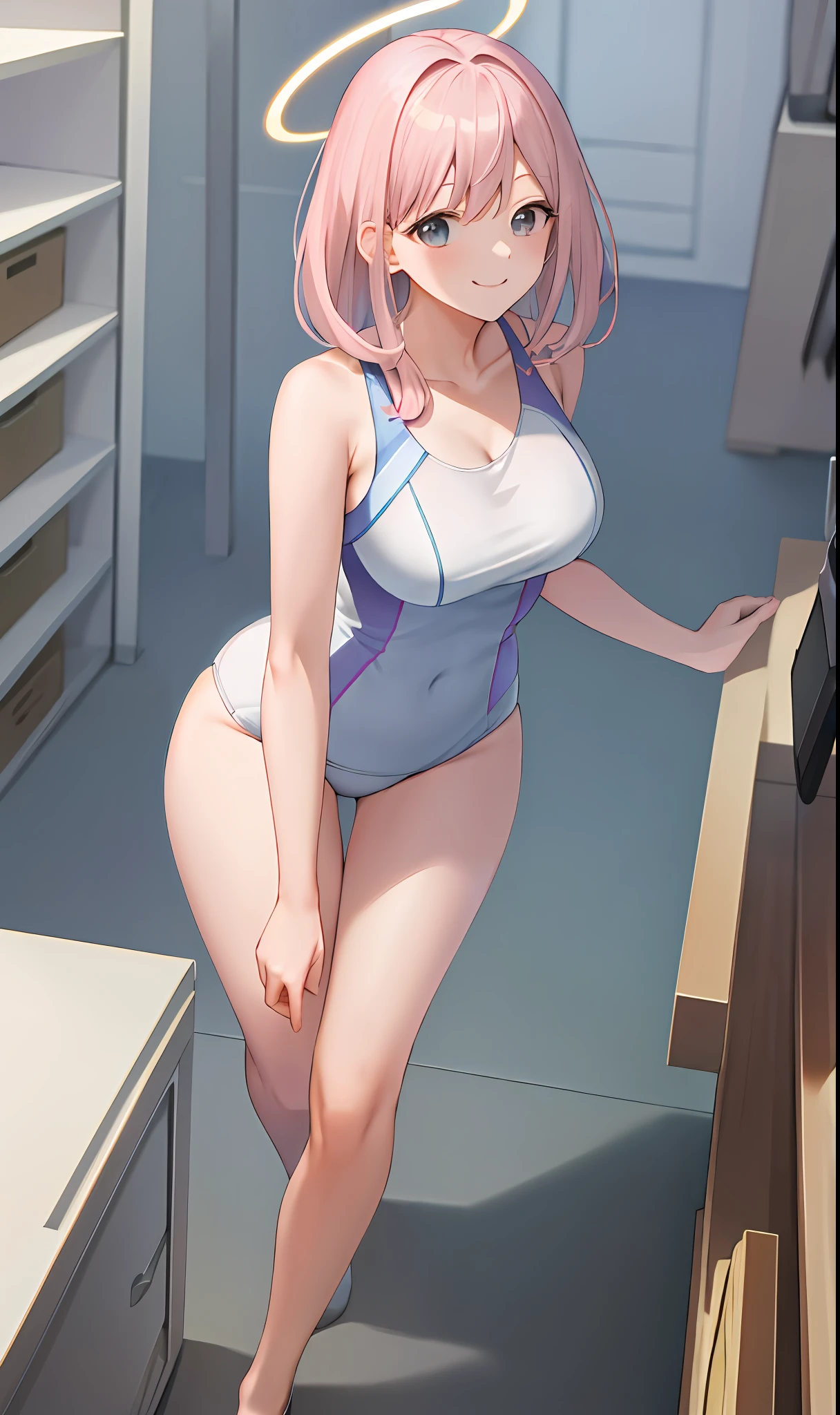 ((masterpiece, best)), (1girl), (mature woman), light pink hair, halo, trumpet, ((office lady)), bangs, mid-chest, (full), slim, smile, [wide hips], office, standing, aru \ (blue file), swimsuit