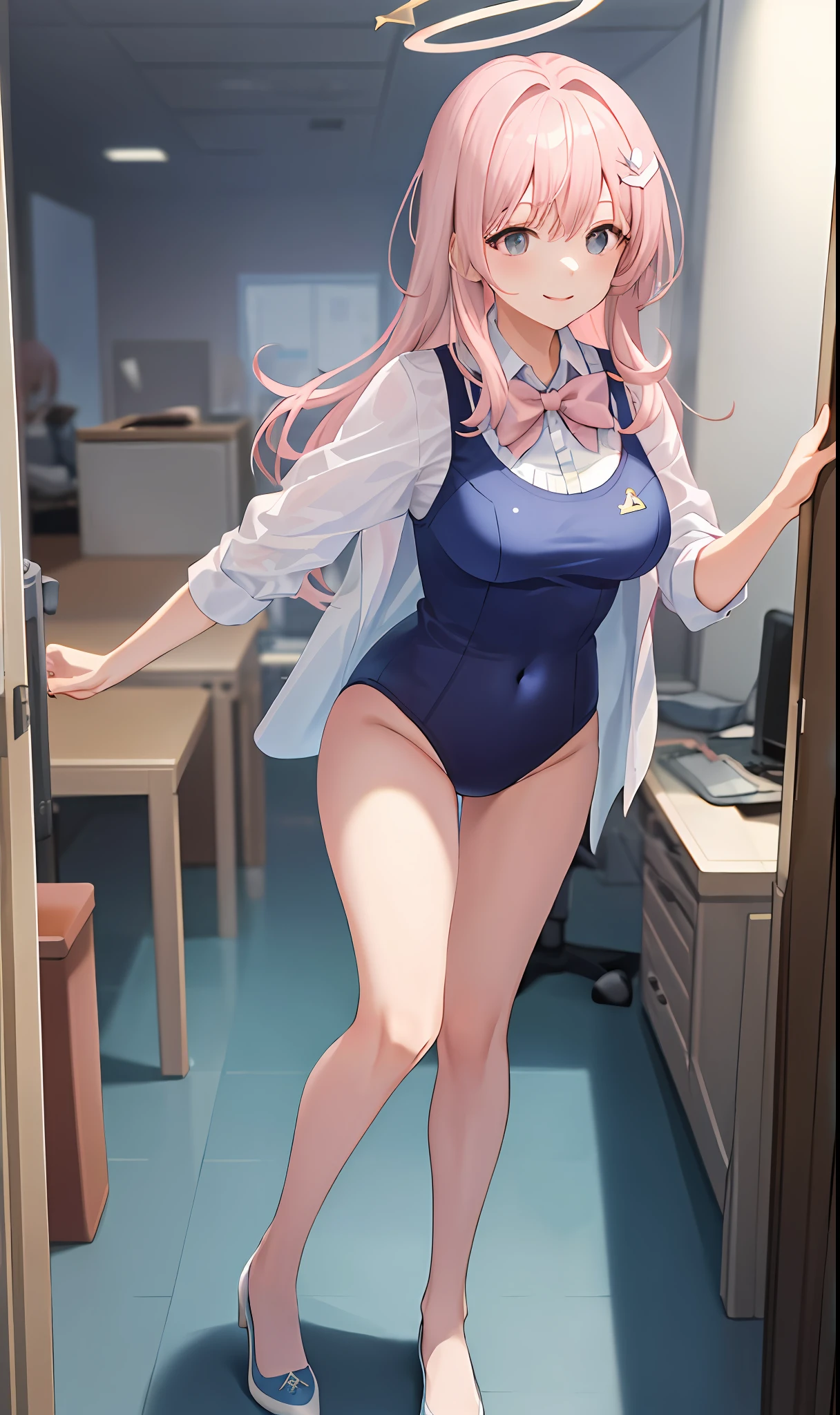 ((masterpiece, best)), (1girl), (mature woman), light pink hair, halo, trumpet, ((office lady)), bangs, mid-chest, (full), slim, smile, [wide hips], office, standing, aru \ (blue file), swimsuit