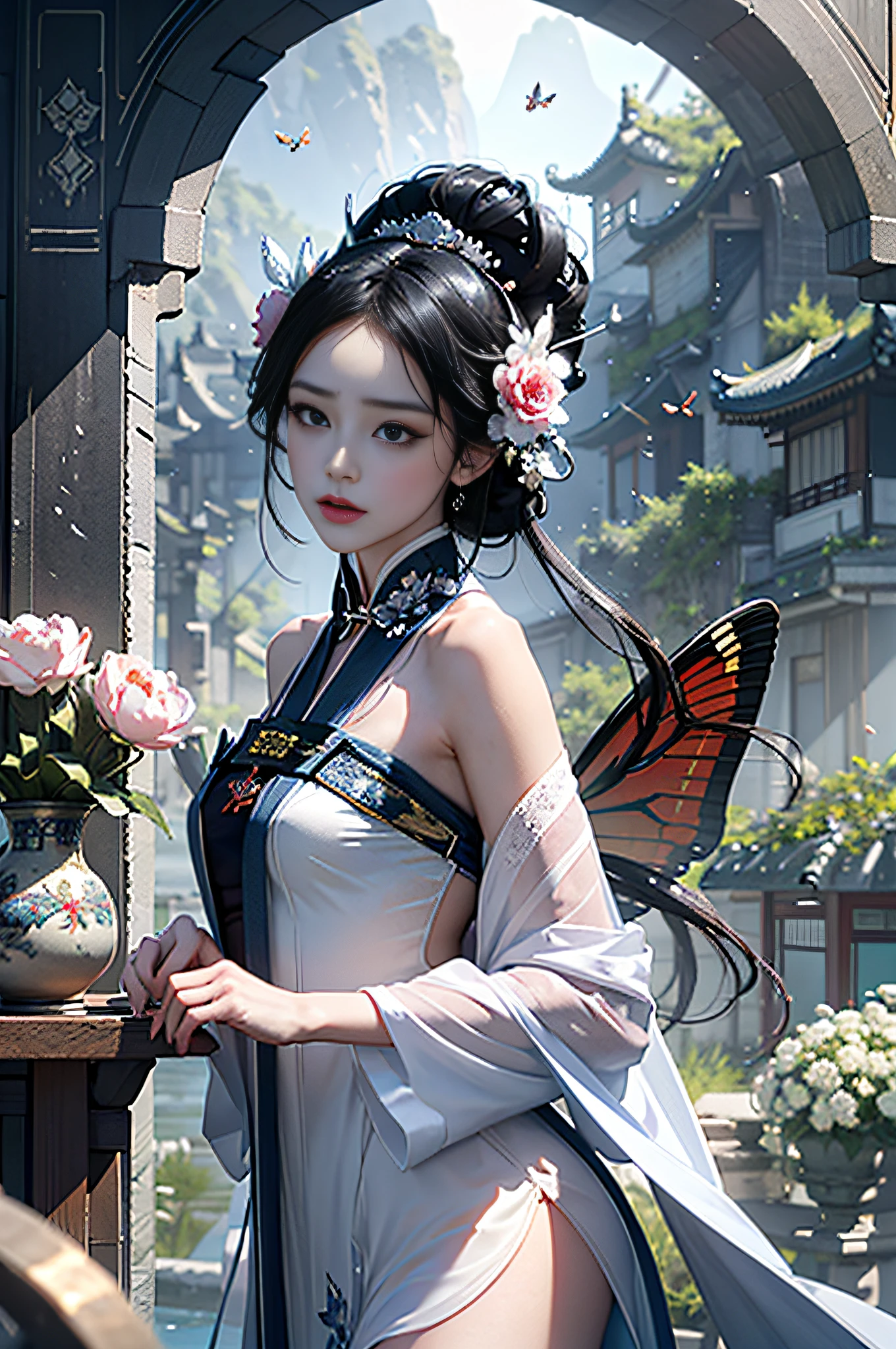 official art, Unity 8k wallpaper, super detailed, beautiful, beautiful, masterpiece, best quality, mystery, romanticism, horror, literature, art, fashion, tang dynasty era, decoration, intricate, embroidery, blue hanfu, white tulle coat, 1 girl, black hair, peony hairpin, sad, fatalistic, bust composition, dramatic composition, movie lighting, dynamic perspective, sexy, bare shoulders, bare legs, full of temptation, white flower bushes, blue florets, red florets, butterflies flying, Chinese dynasty courtyard background, hazy, hazy, dramatic composition,