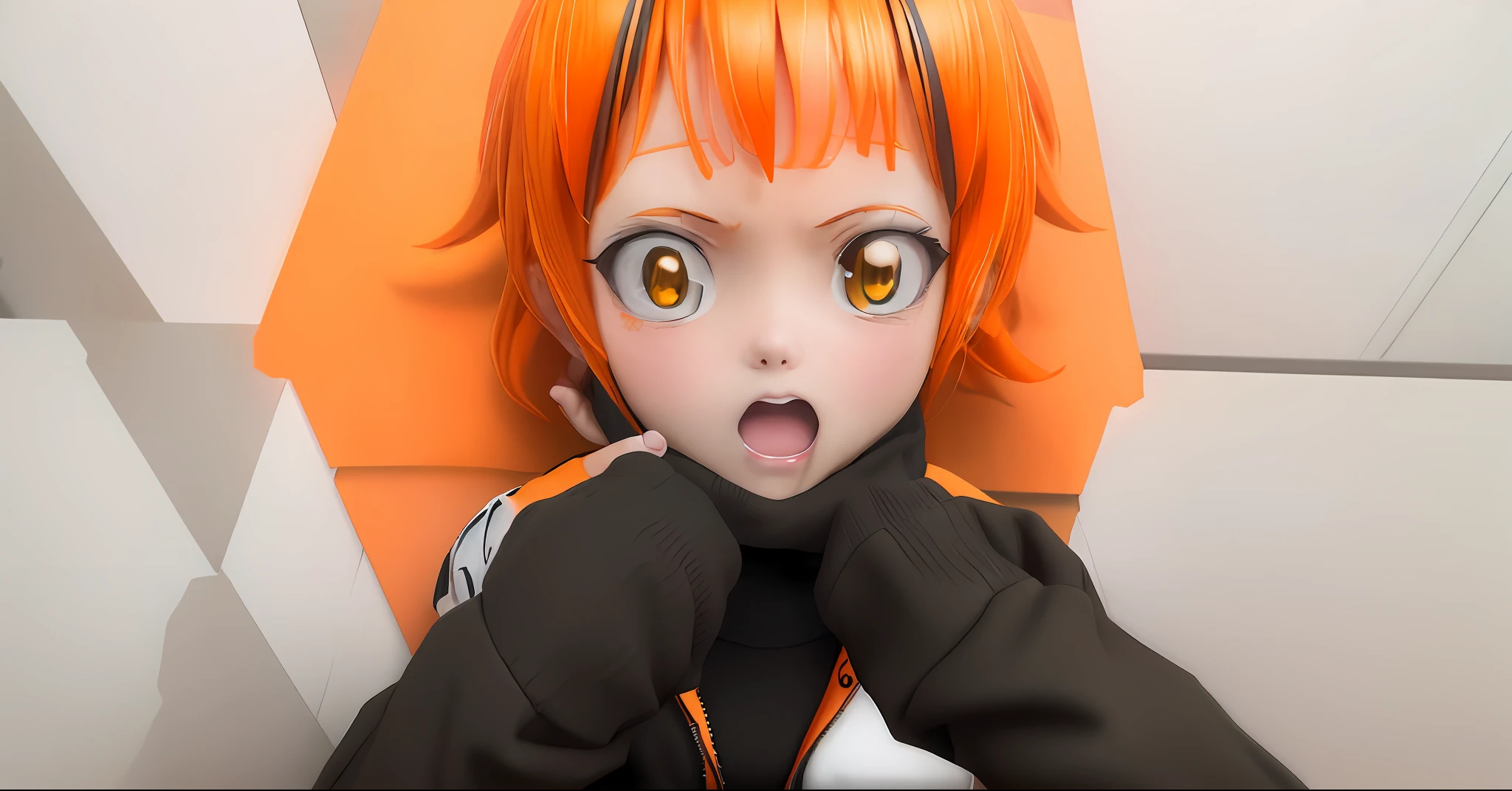 anime girl with orange hair and black shirt posing for camera, heavy gesture style closeup, shy looking down, looking surprised, the anime girl is crouching, render of a cute 3d anime girl, small curvy loli, shocked look, oppai, rin, ecchi anime style, smooth anime cg art, asuka suit under clothes!