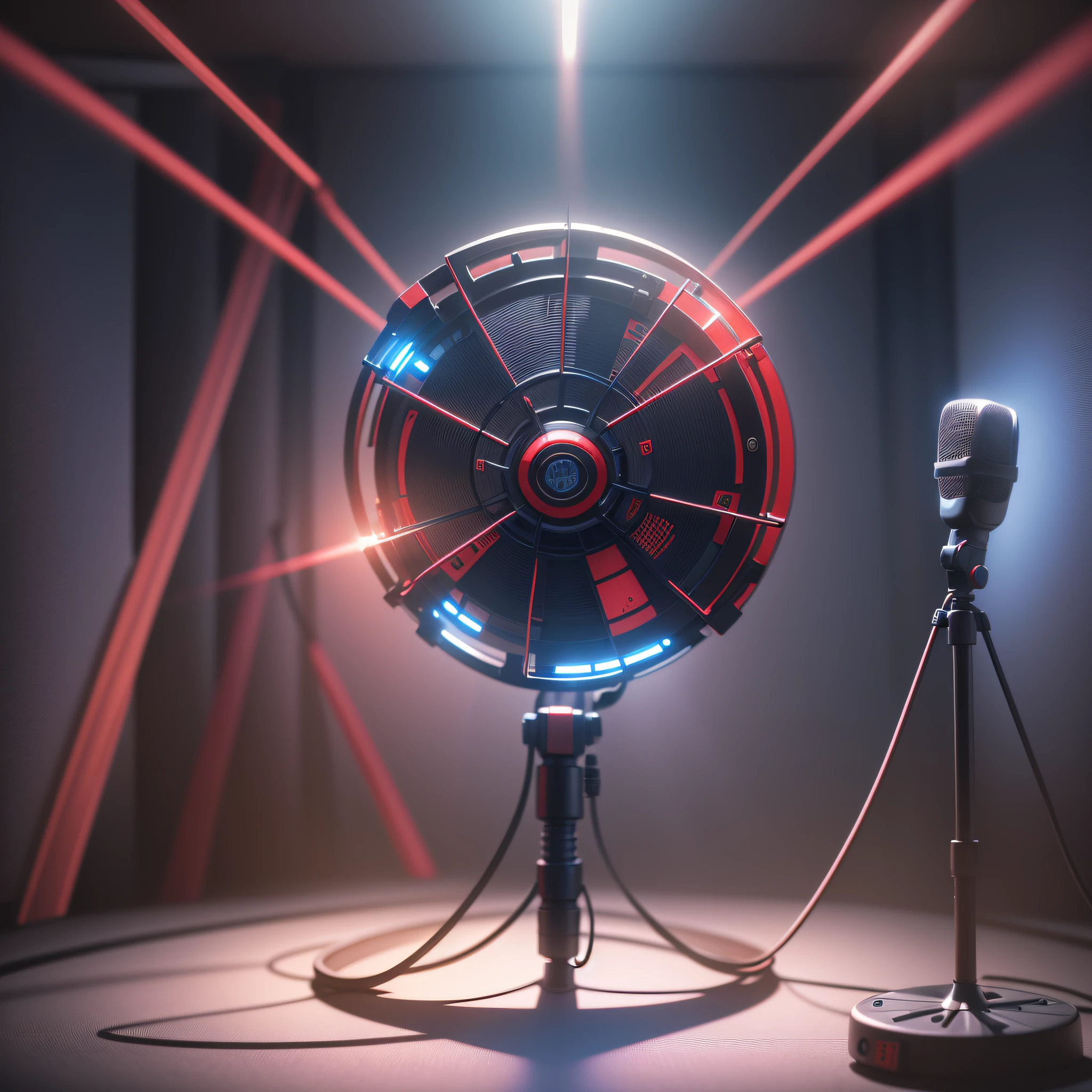 a red microphone with a black background and a blue light, standing microphones, studio microphone, microphone, volumetric lighting. red, microphones, by Gavin Nolan, red realistic 3 d render, by Derek Hill, red mechanical body, rendered art, vocalist, digital render, studio lighting ; photorealistic, red and cinematic lighting, microphone silluette --auto --s2