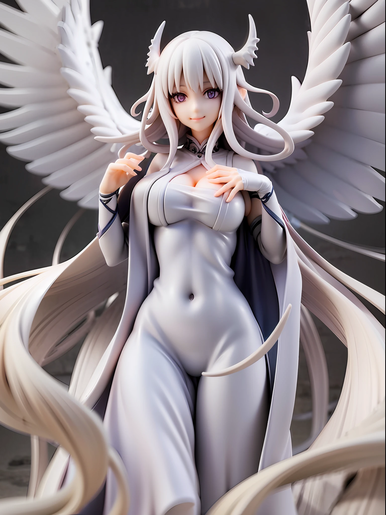 Lovecraftian goddess, white medium hair, beautiful white eyes, mysterious smile, ancient pure white and white robe, arms wide open drawing ancient symbols, from back, looking afar, white wings, average chest size, upper body, pure white background,