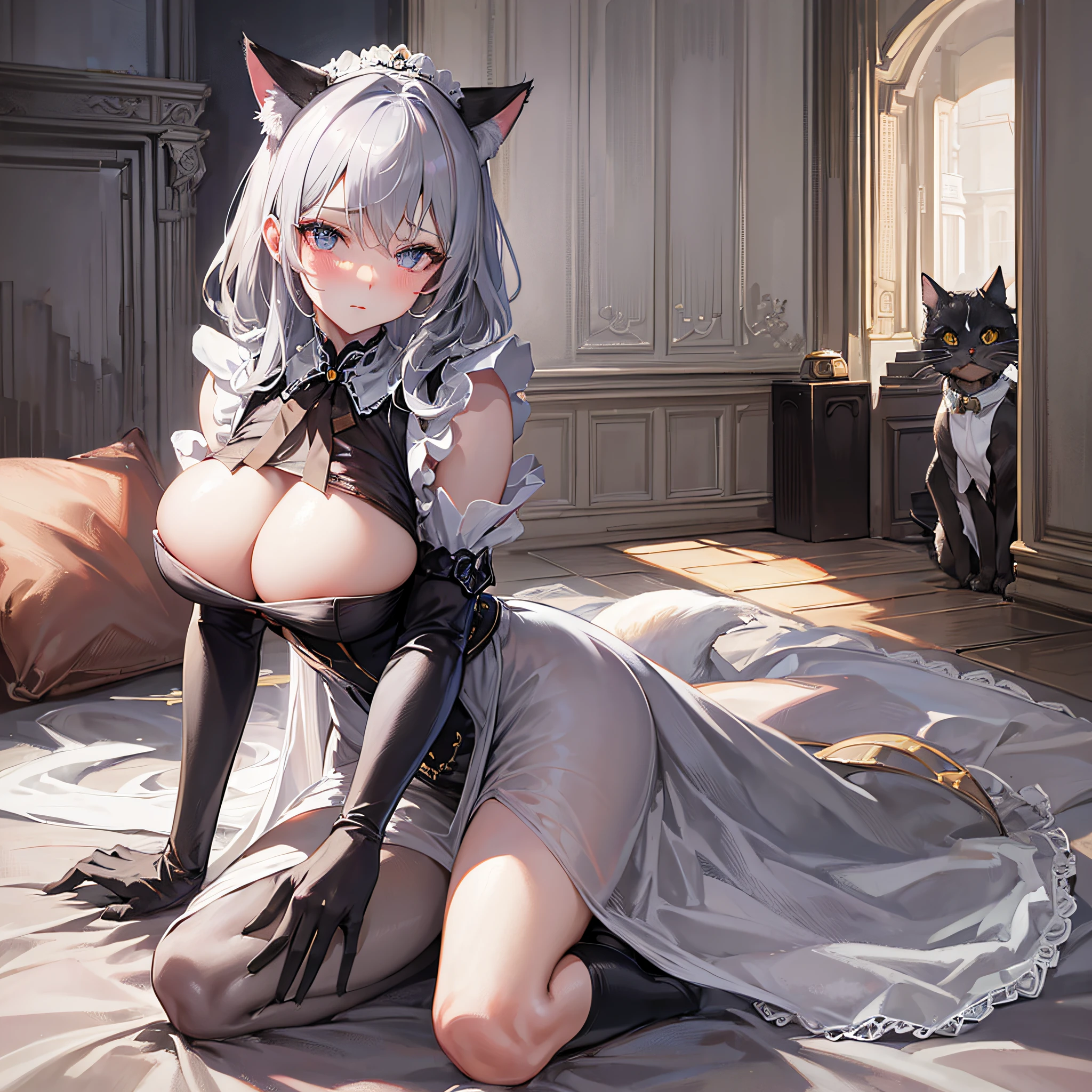 Absolutely beautiful cat lady, perfect slim body, mature royal sister, gray hair, royal sister face, maid outfit, sexy and alluring, beautiful face, bust, 4K picture quality, big body, feminine expression, blush shy, large bust, deep eyes, half naked