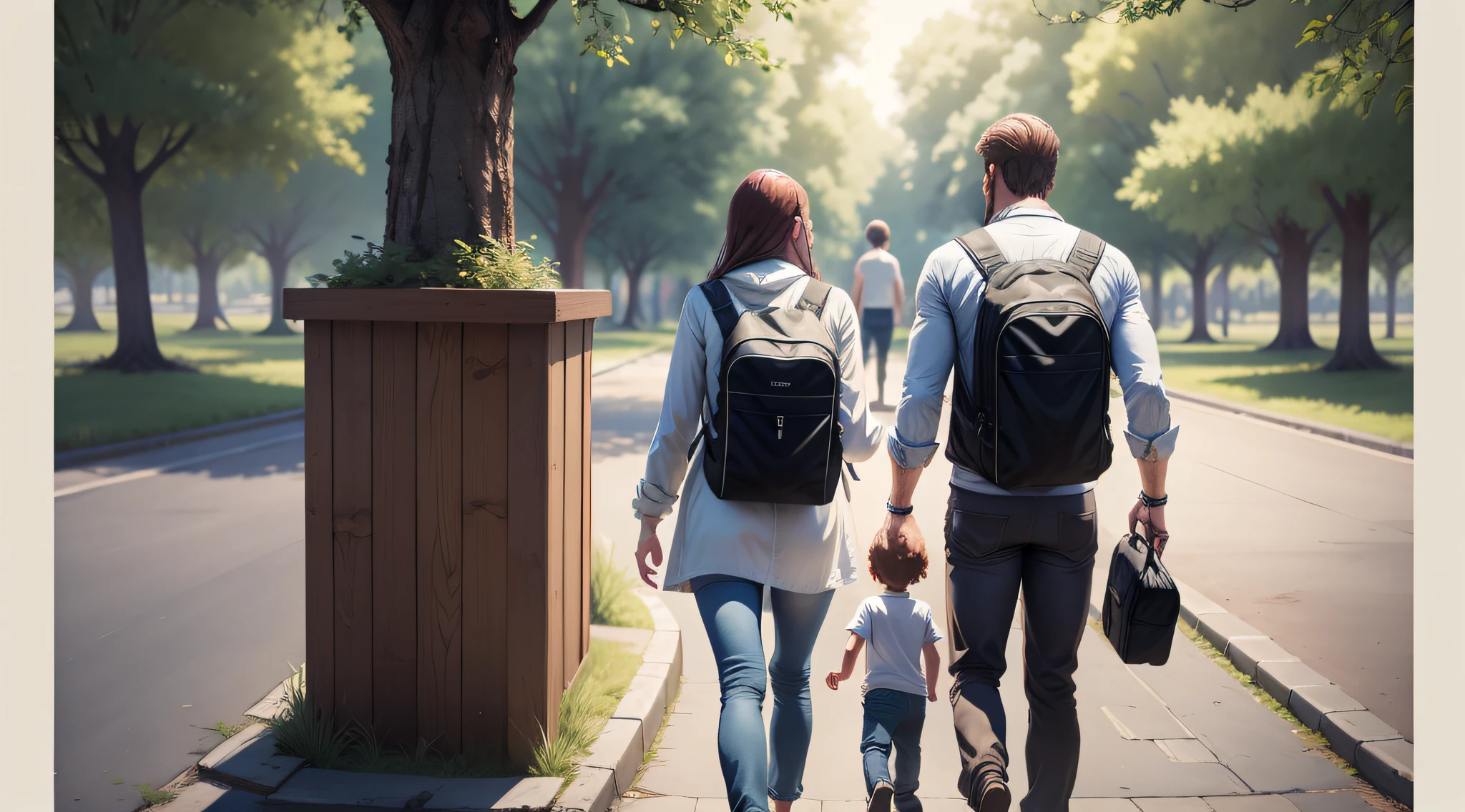 Drawing, ultra realistic, 8k, extremely detailed, in the best quality, a couple man and woman with 2 children in an outdoor park.