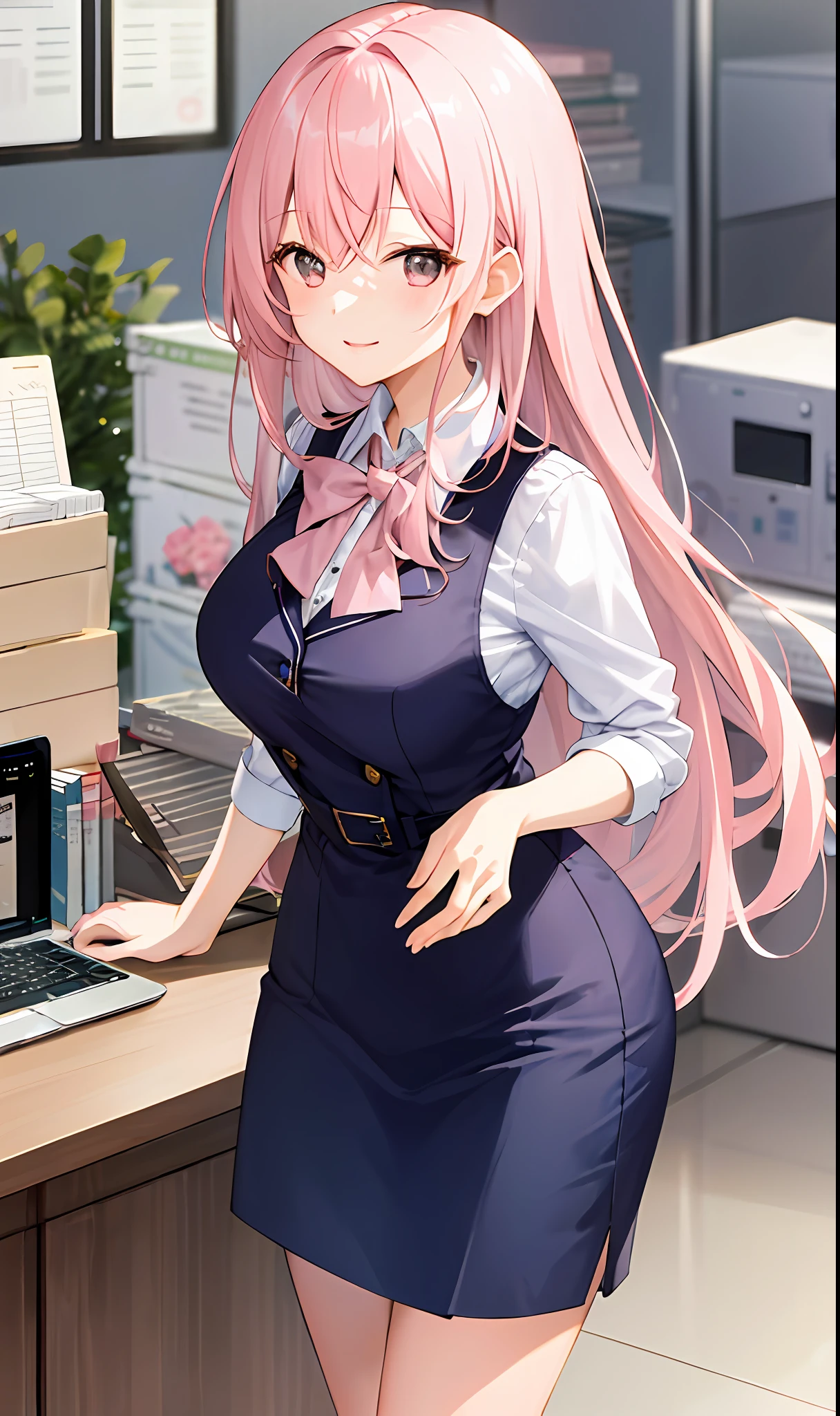 ((masterpiece, best)),(1girl),((mature woman)), light pink hair, dizzy, trumpet, ((office lady)), bangs, mid-chest, (full), slim, smiling, [wide hips] ,office,standing, aru \(blue archive\),