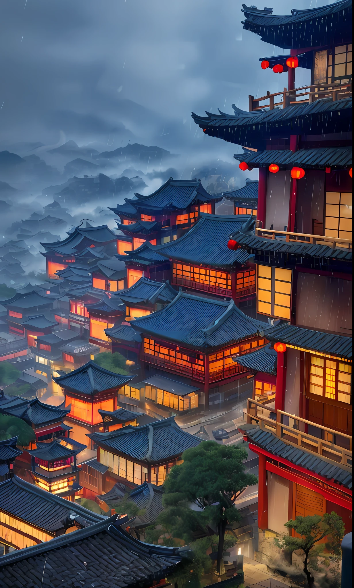 arafed view of a village with a lot of lights on the buildings, dreamy chinese town, chinese village, amazing wallpaper, japanese town, japanese village, hyper realistic photo of a town, old asian village, japanese city, by Raymond Han, rainy evening, cyberpunk chinese ancient castle, beautifully lit buildings, at evening during rain, beautiful and aesthetic, photography, cinematic, 8k, high detailed ((Heavy rain)))