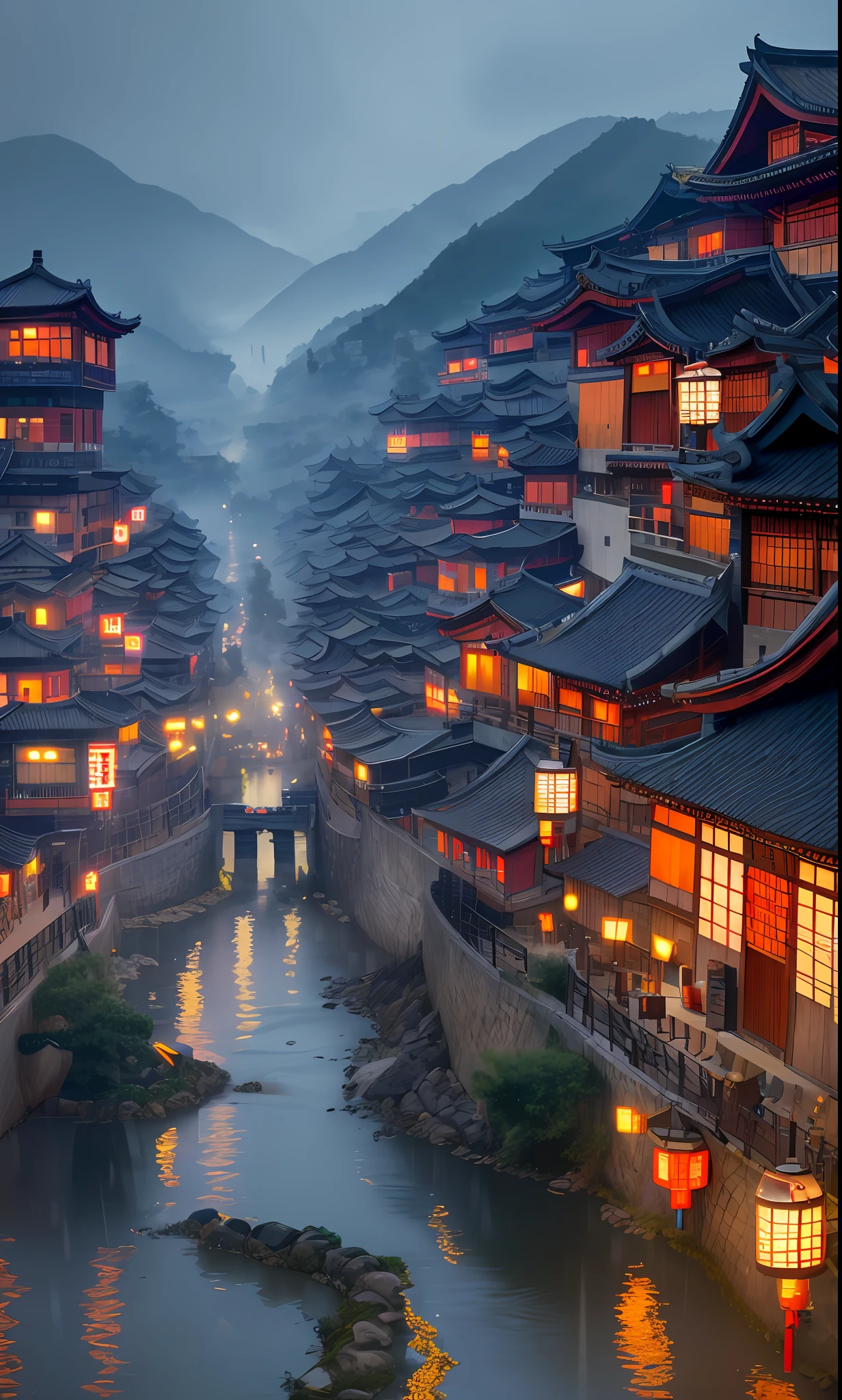 arafed view of a village with a lot of lights on the buildings, dreamy chinese town, chinese village, amazing wallpaper, japanese town, japanese village, hyper realistic photo of a town, old asian village, japanese city, by Raymond Han, rainy evening, cyberpunk chinese ancient castle, beautifully lit buildings, at evening during rain, beautiful and aesthetic, photography, cinematic, 8k, high detailed ((Heavy rain)))