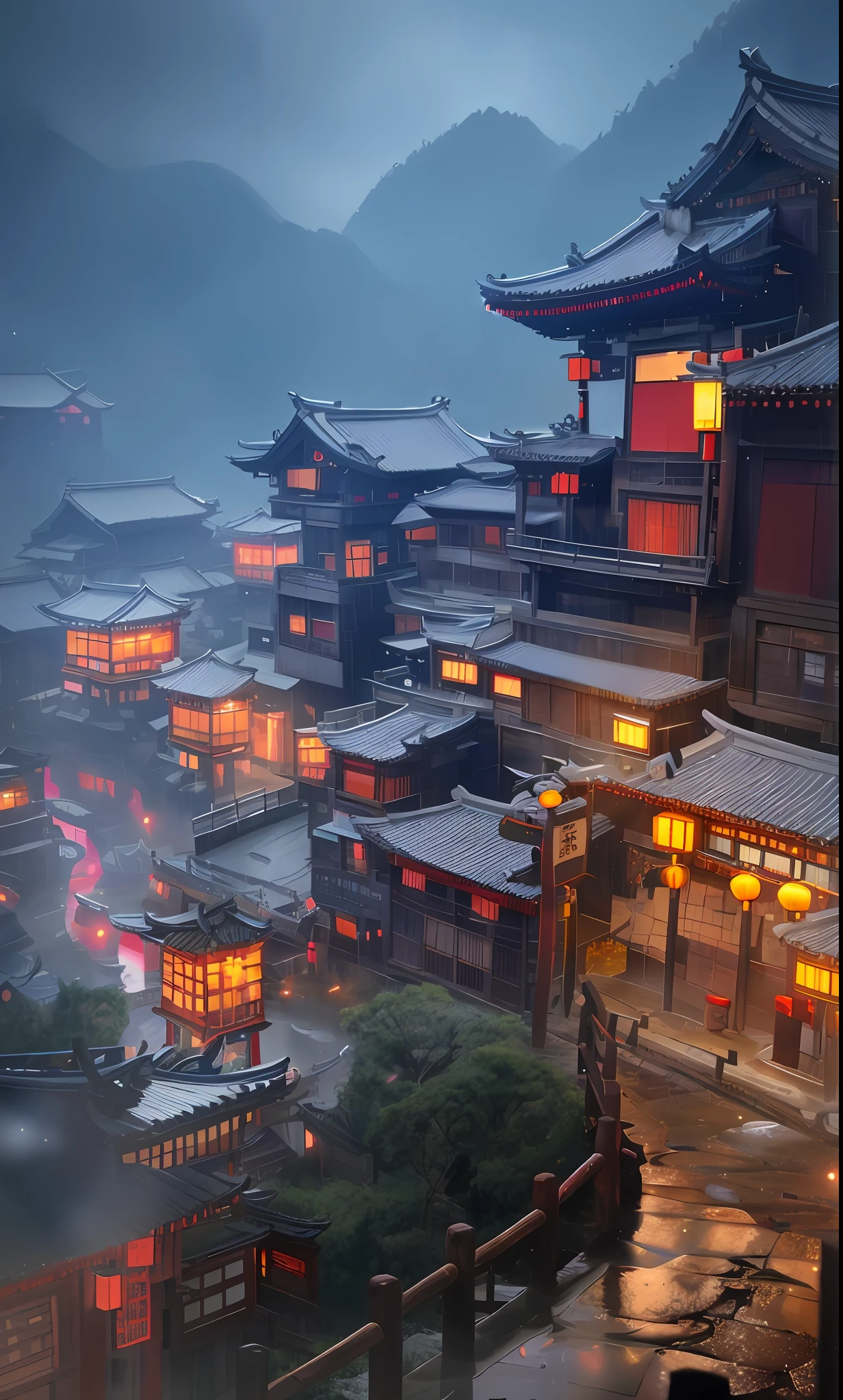 arafed view of a village with a lot of lights on the buildings, dreamy chinese town, chinese village, amazing wallpaper, japanese town, japanese village, hyper realistic photo of a town, old asian village, japanese city, by Raymond Han, rainy evening, cyberpunk chinese ancient castle, beautifully lit buildings, at evening during rain, beautiful and aesthetic, photography, cinematic, 8k, high detailed ((Heavy rain)))