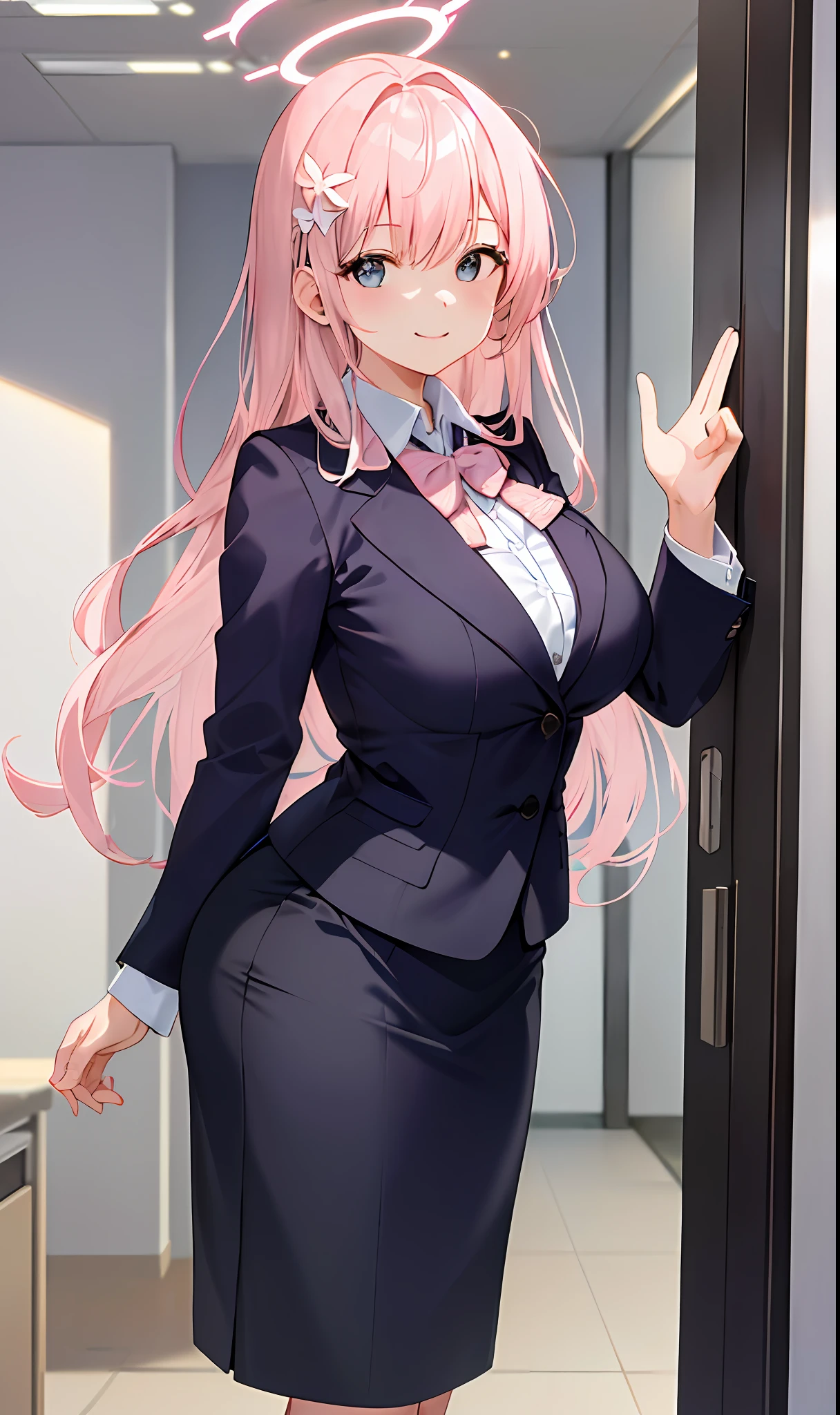 ((Masterpiece, Excellent)), (1girl), ((), light pink hair, halo, trumpet, ((office lady)), bangs, mid-breasted, (plump), slim, smile, [wide buttocks], office, standing, aru \(blue archive\), exposed