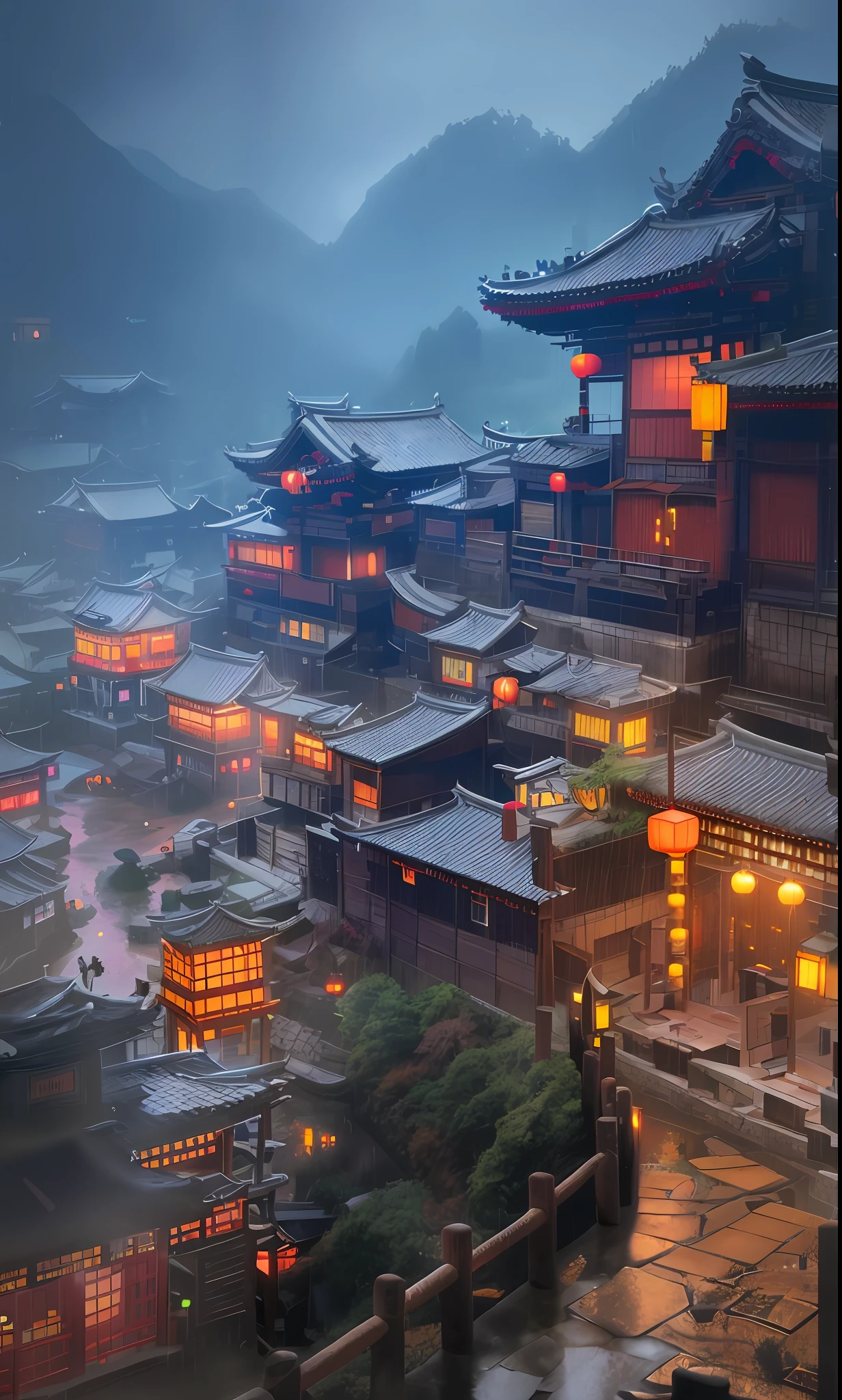 arafed view of a village with a lot of lights on the buildings, dreamy chinese town, chinese village, amazing wallpaper, japanese town, japanese village, hyper realistic photo of a town, old asian village, japanese city, by Raymond Han, rainy evening, cyberpunk chinese ancient castle, beautifully lit buildings, at evening during rain, beautiful and aesthetic, photography, cinematic, 8k, high detailed ((Heavy rain)))