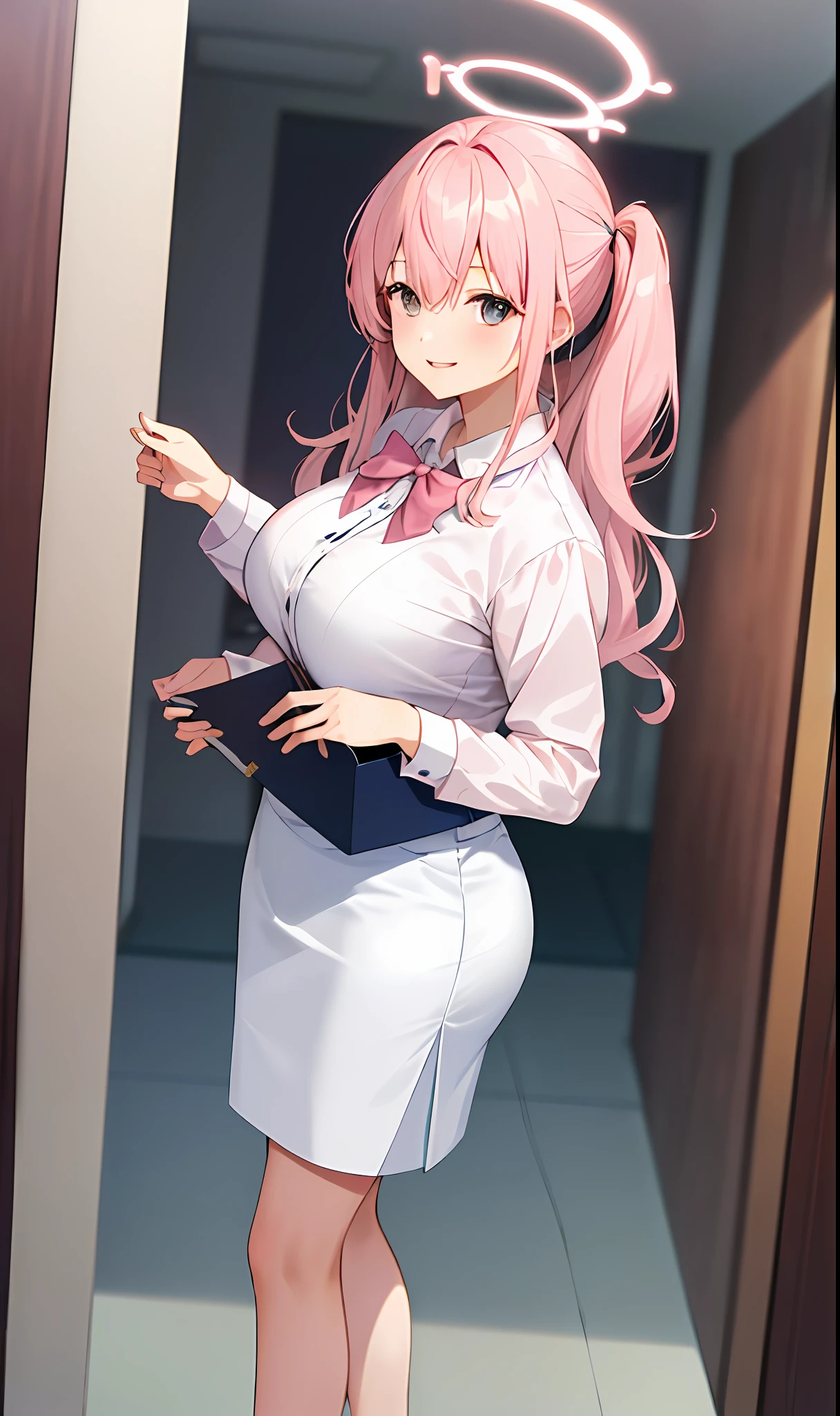 ((Masterpiece, Excellent)), (1girl), ((), light pink hair, halo, trumpet, ((office lady)), bangs, mid-breasted, (plump), slim, smile, [wide buttocks], office, standing, aru \(blue archive\), exposed