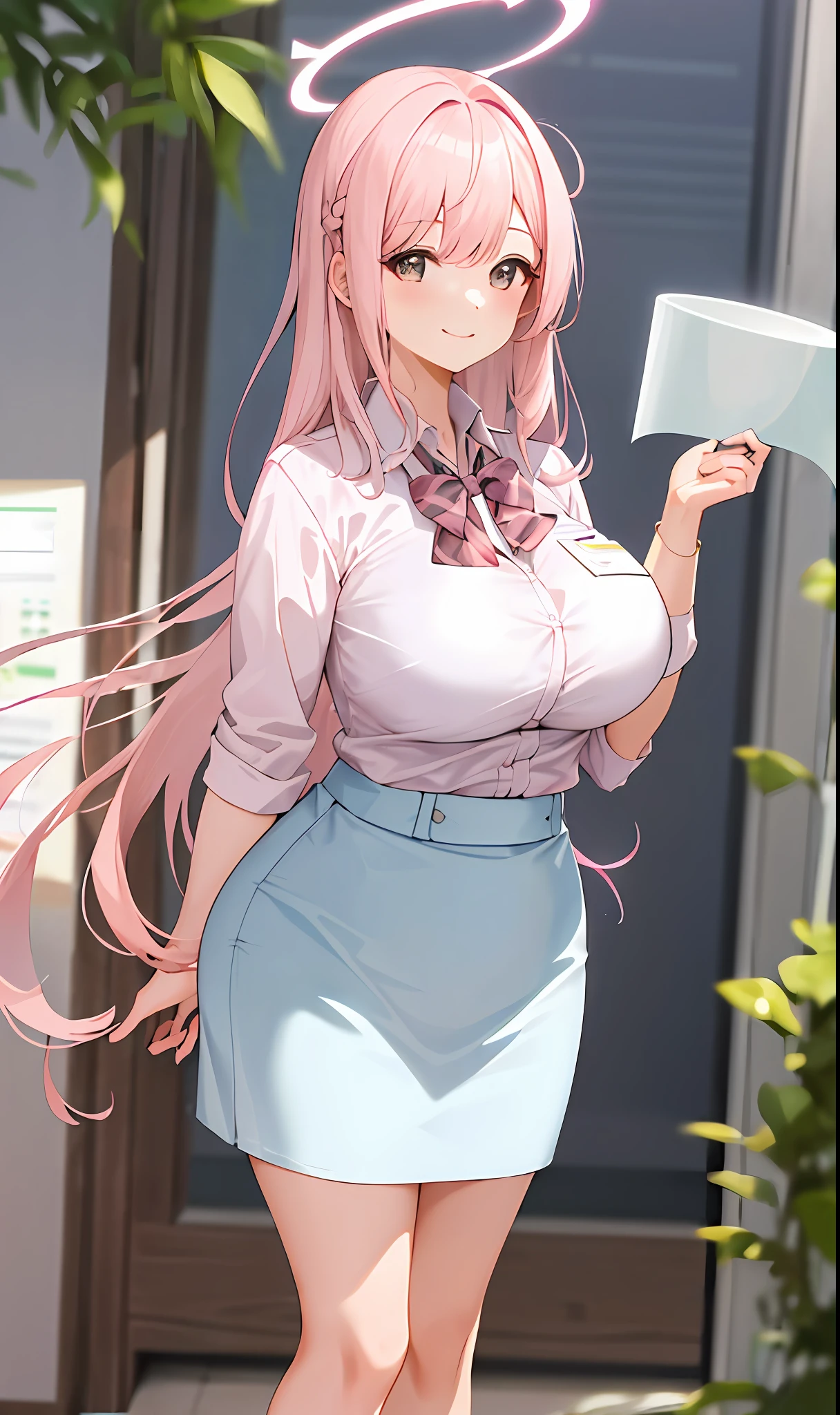 ((Masterpiece, Excellent)), (1girl), ((), light pink hair, halo, trumpet, ((office lady)), bangs, mid-breasted, (plump), slim, smile, [wide buttocks], office, standing, aru \(blue archive\), exposed