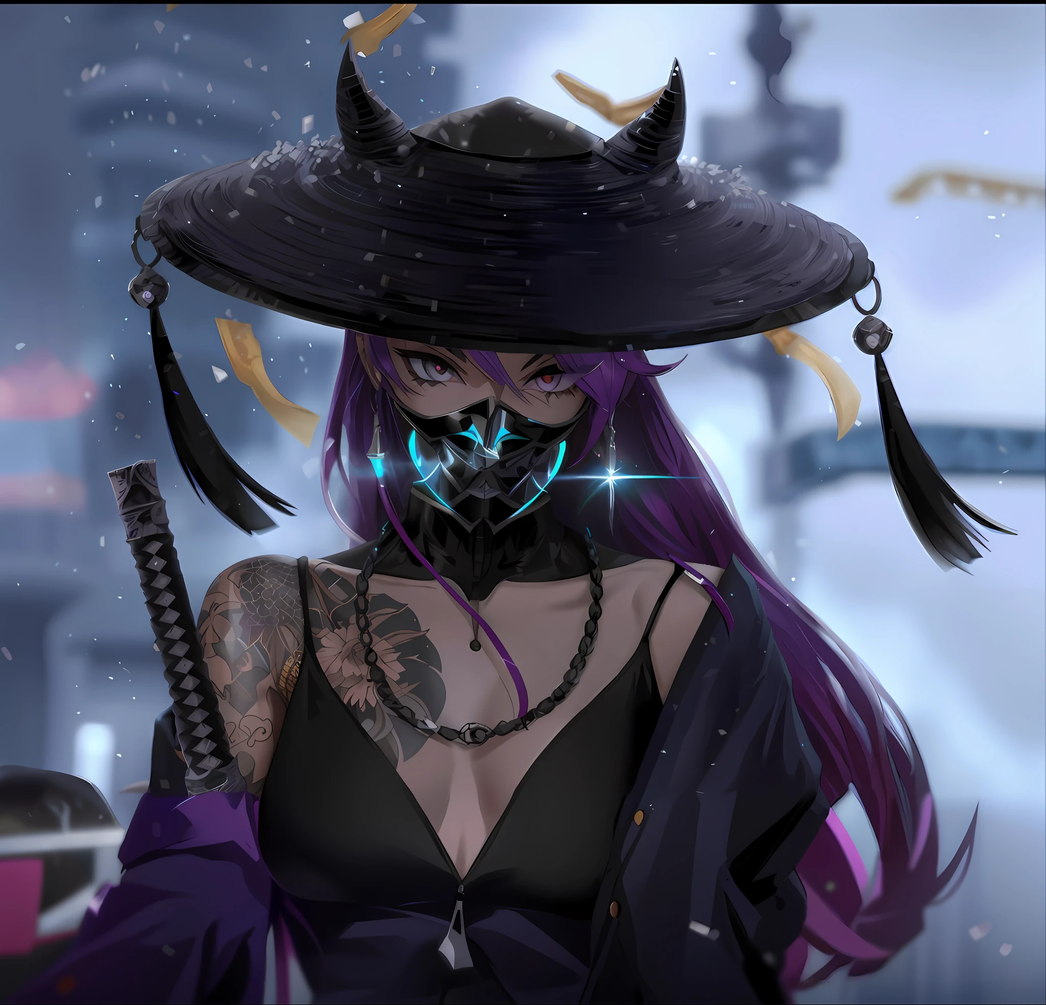 anime girl with purple hair wearing a black hat and a black mask, badass anime 8 k, anime style 4 k, anime style. 8k, best anime 4k konachan wallpaper, anime wallpaper 4 k, anime wallpaper 4k, anime art wallpaper 4k, anime art wallpaper 4 k, anime art wallpaper 8 k, 8k high quality detailed art