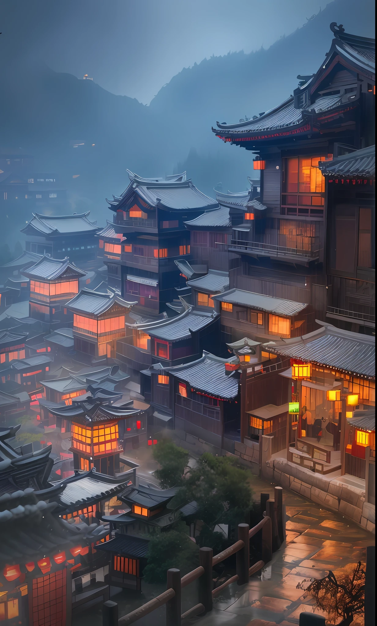 arafed view of a village with a lot of lights on the buildings, dreamy chinese town, chinese village, amazing wallpaper, japanese town, japanese village, hyper realistic photo of a town, old asian village, japanese city, by Raymond Han, rainy evening, cyberpunk chinese ancient castle, beautifully lit buildings, at evening during rain, beautiful and aesthetic, photography, cinematic, 8k, high detailed ((Heavy rain)))