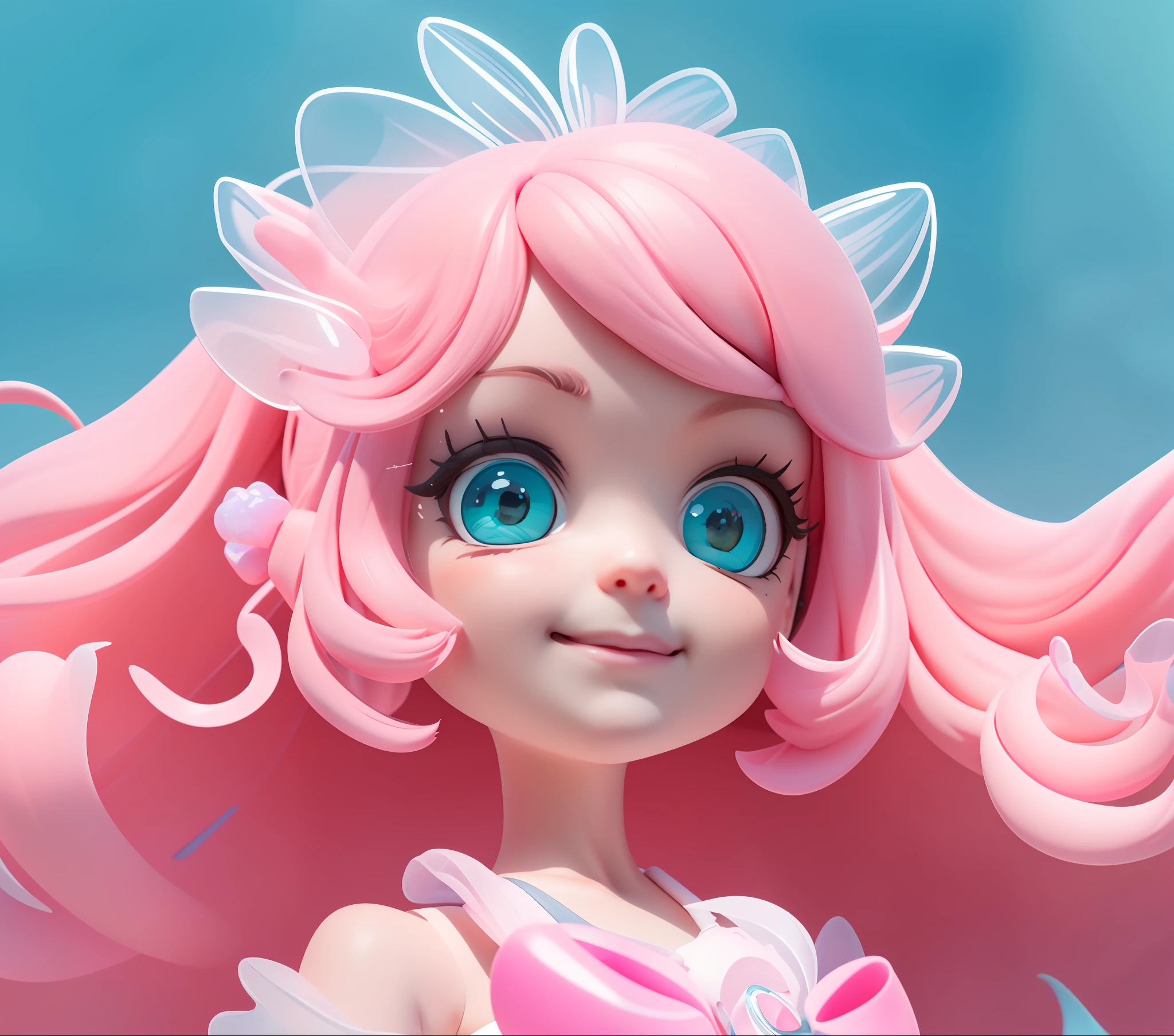 Detailed plastic material, (same character, front, side, back)) best quality, (very detailed model), (best quality), octane rendering, ray tracing, very detailed, 3D toy, exaggerated giant hair, little girl (full body) (3D hair, cute hair accessories, ((kids)), beautiful eyes, cute big eyes, cute face, pink green gradient, drum skirt, cute skirt, chib, fluorescent translucent, colorful, plastic, children, transparent, product design, glowing jelly, delicate cute plastic, aesthetic light and shadow 3d, digital art, translucent plastic bubblegum, close-up, 3d, super detailed, generate front view, side view, rear view triple view, borderless, c4d, Octane rendering, Blender, HD, full body, smile